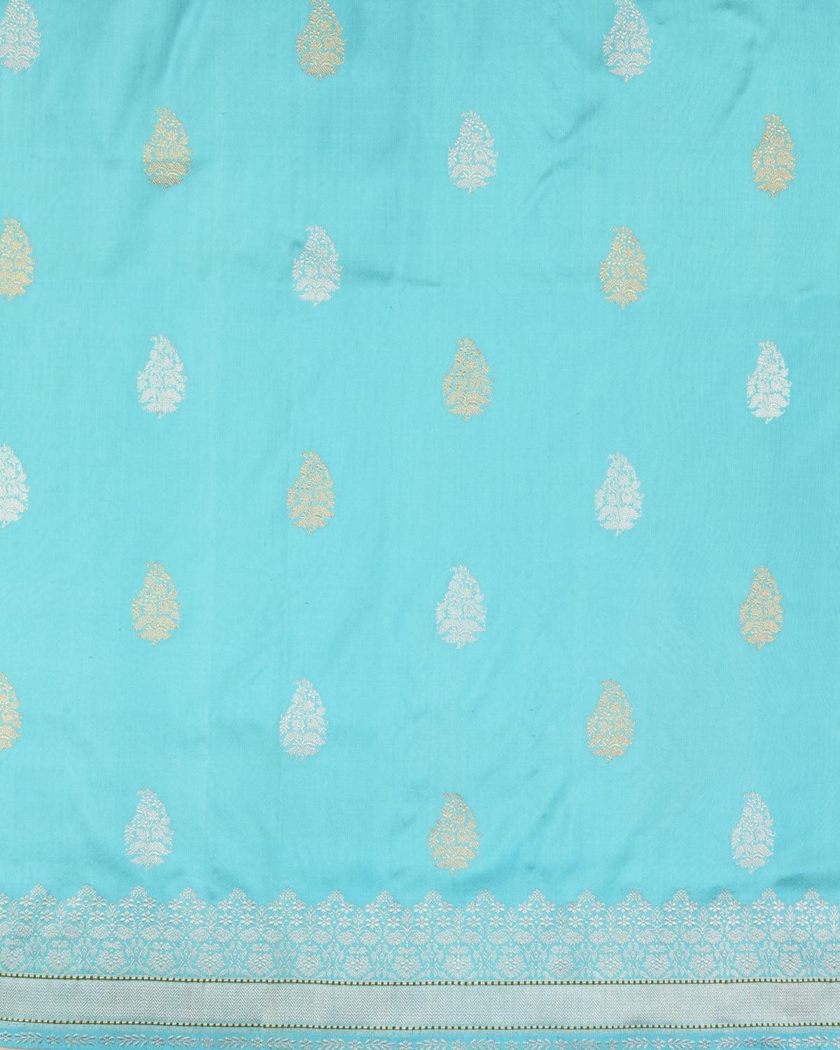 Ferozi Banarasi Gold & Silver Zari Buti Kadhuan Brocade Handwoven Katan Silk Saree - By HolyWeaves, Benares