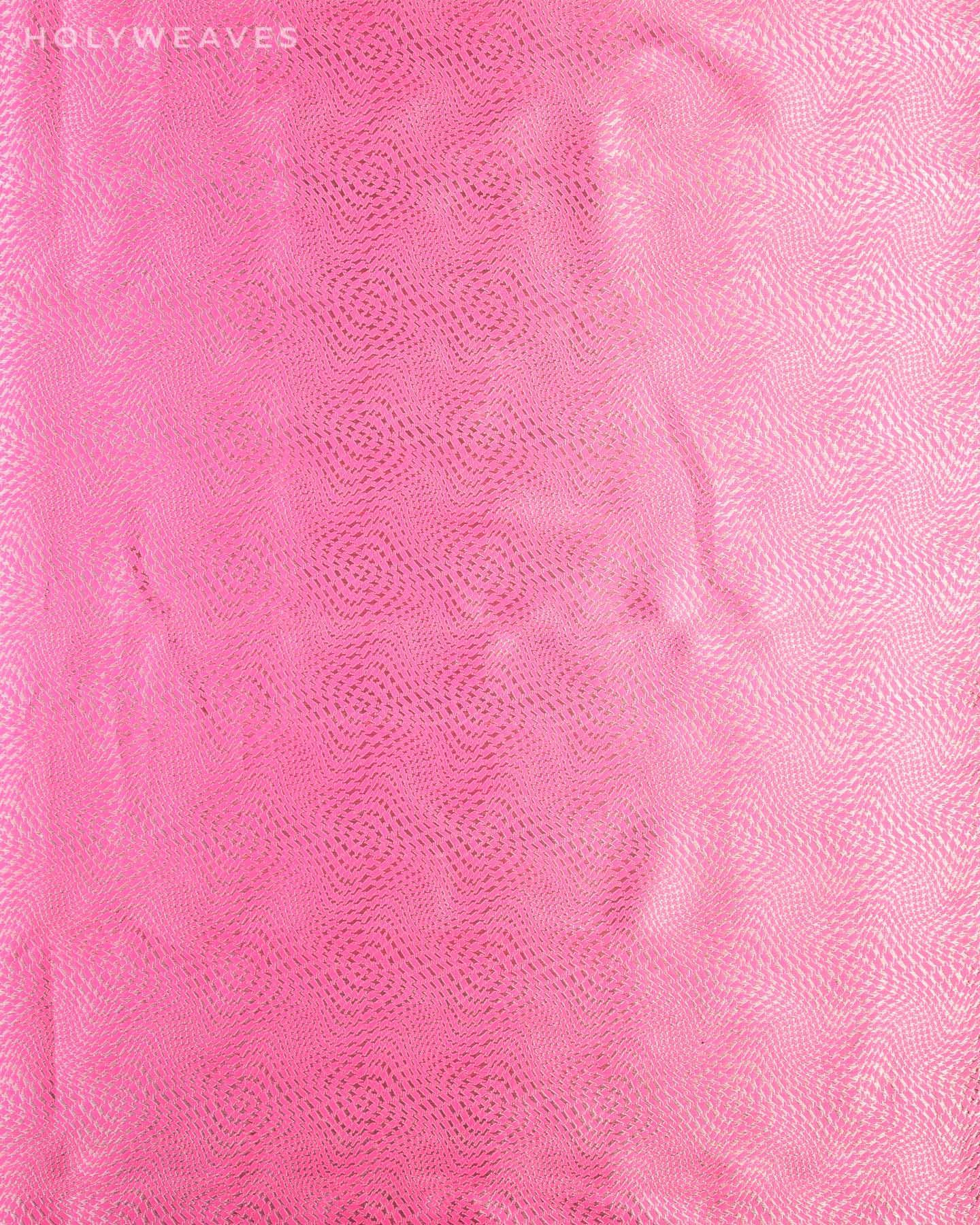 Flamingo Pink Banarasi Houndstooth Cyclone Roopa Zari Brocade Handwoven Katan Silk Fabric - By HolyWeaves, Benares