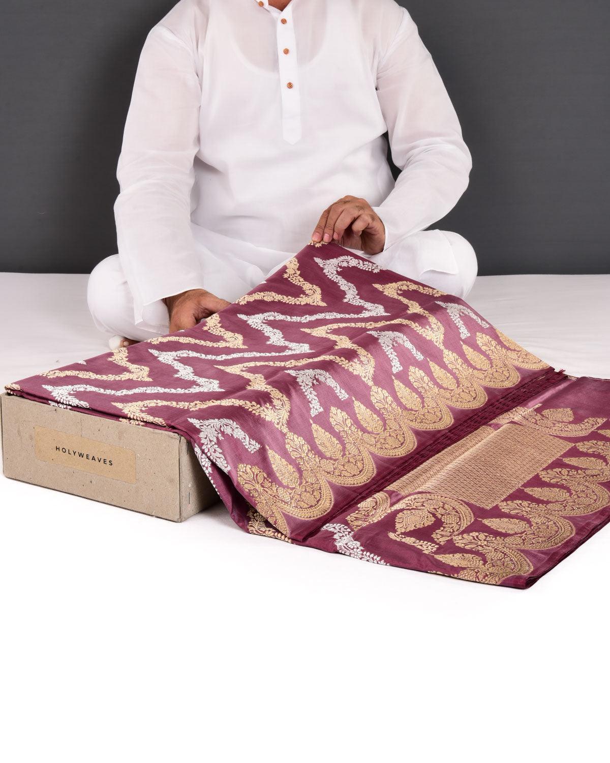 Garnet Banarasi Gold & Silver Zari Chevron Waves Kadhuan Brocade Handwoven Katan Silk Saree - By HolyWeaves, Benares