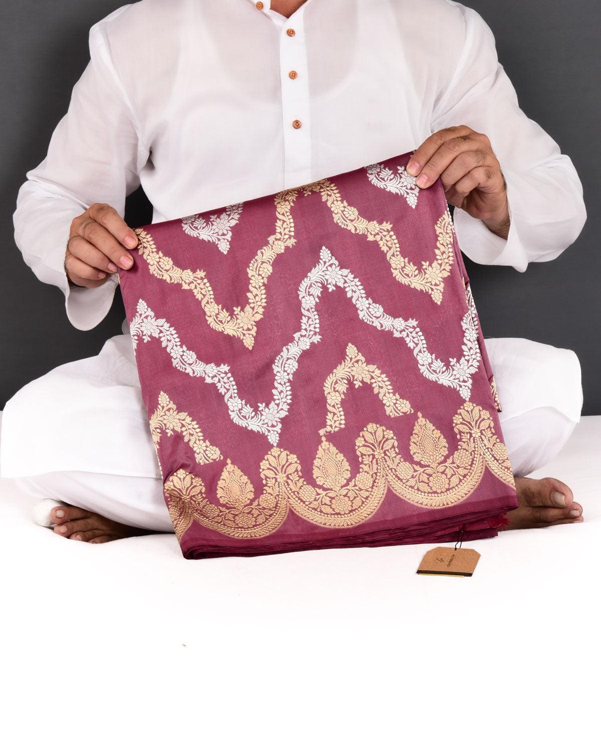 Garnet Banarasi Gold & Silver Zari Chevron Waves Kadhuan Brocade Handwoven Katan Silk Saree - By HolyWeaves, Benares