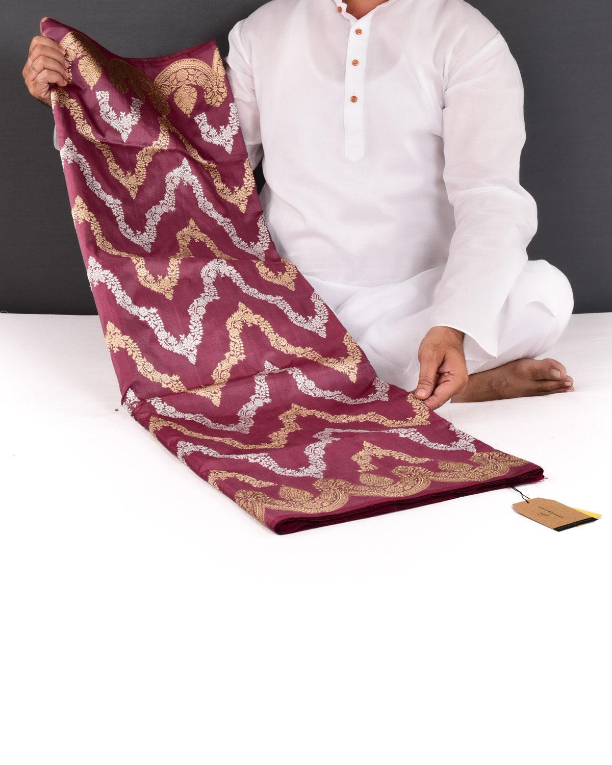 Garnet Banarasi Gold & Silver Zari Chevron Waves Kadhuan Brocade Handwoven Katan Silk Saree - By HolyWeaves, Benares