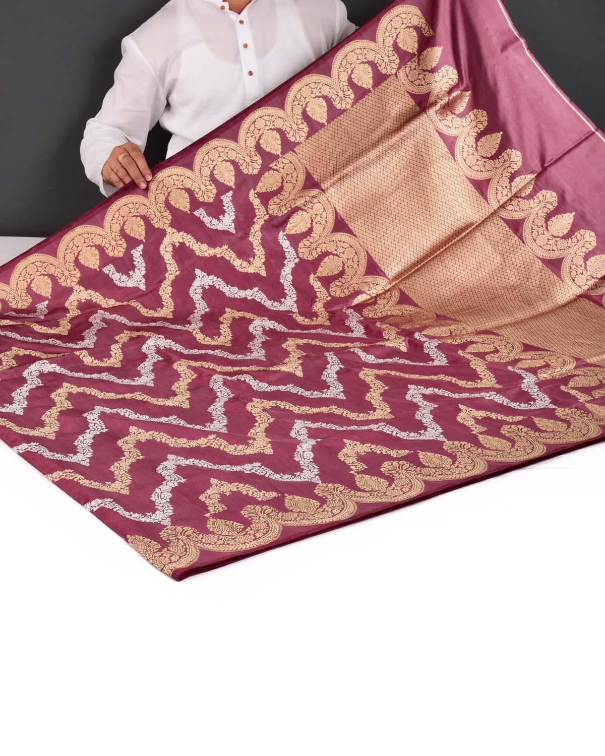 Garnet Banarasi Gold & Silver Zari Chevron Waves Kadhuan Brocade Handwoven Katan Silk Saree - By HolyWeaves, Benares