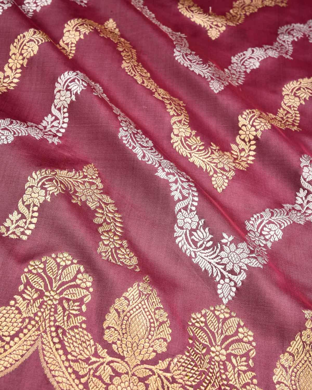 Garnet Banarasi Gold & Silver Zari Chevron Waves Kadhuan Brocade Handwoven Katan Silk Saree - By HolyWeaves, Benares