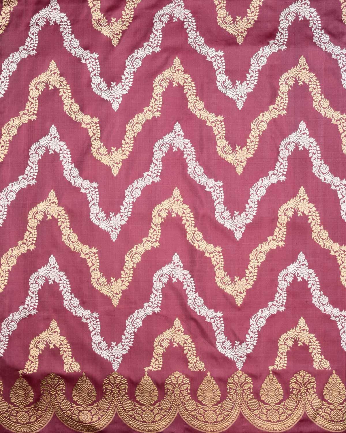 Garnet Banarasi Gold & Silver Zari Chevron Waves Kadhuan Brocade Handwoven Katan Silk Saree - By HolyWeaves, Benares