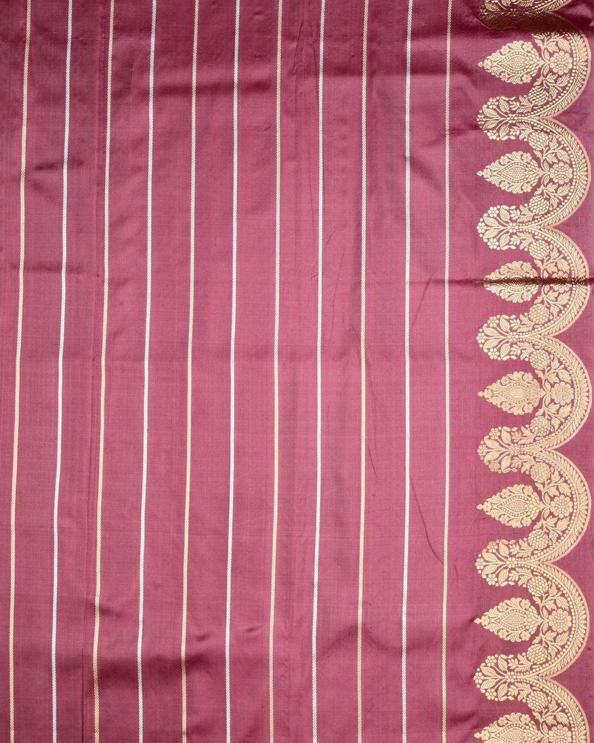 Garnet Banarasi Gold & Silver Zari Chevron Waves Kadhuan Brocade Handwoven Katan Silk Saree - By HolyWeaves, Benares