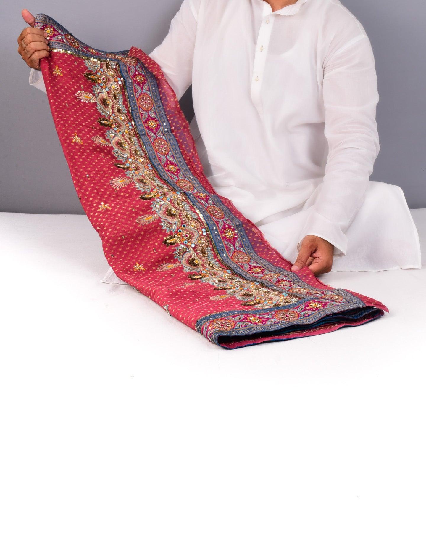 Garnet-Blue Half-n-half Hand-embroidered Georgette Saree - By HolyWeaves, Benares