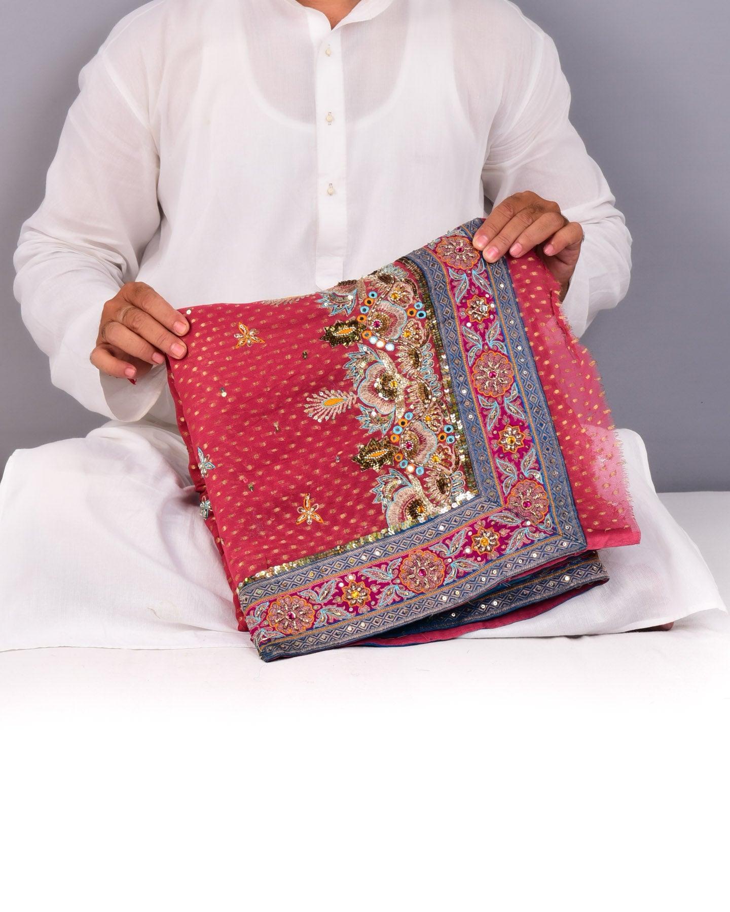 Garnet-Blue Half-n-half Hand-embroidered Georgette Saree - By HolyWeaves, Benares