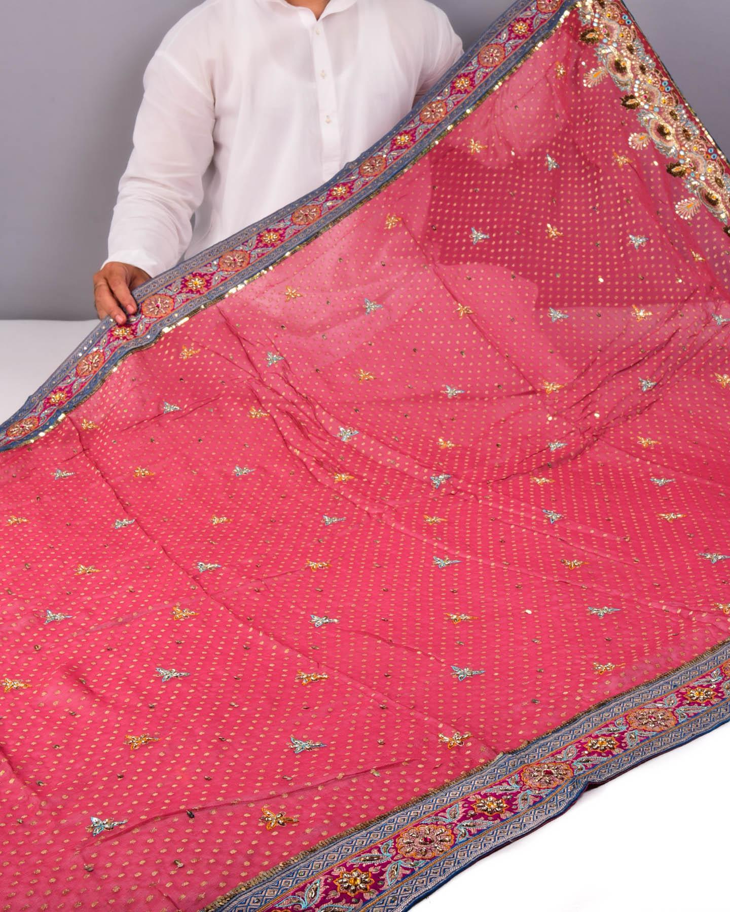 Garnet-Blue Half-n-half Hand-embroidered Georgette Saree - By HolyWeaves, Benares