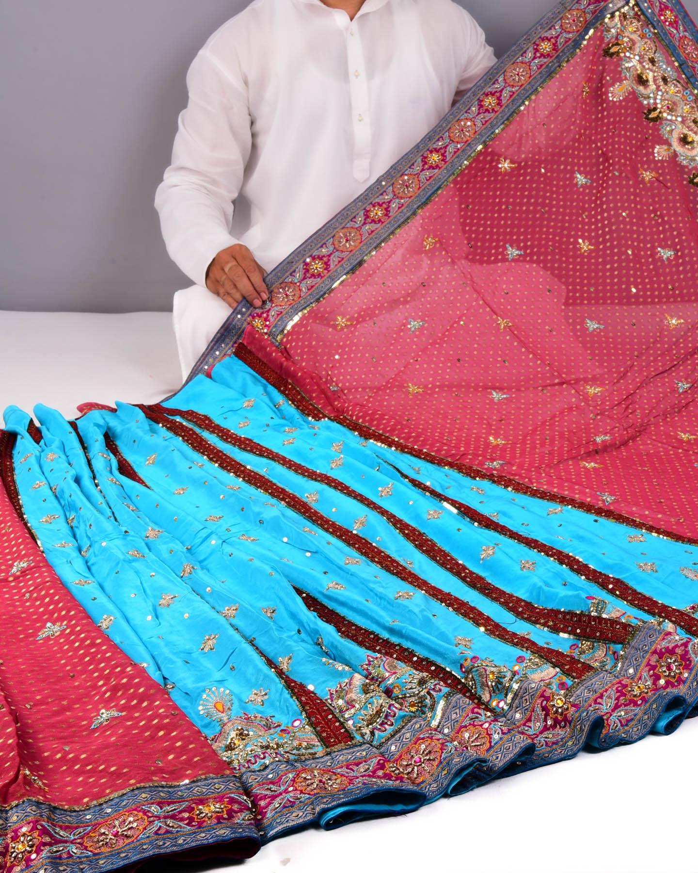 Garnet-Blue Half-n-half Hand-embroidered Georgette Saree - By HolyWeaves, Benares