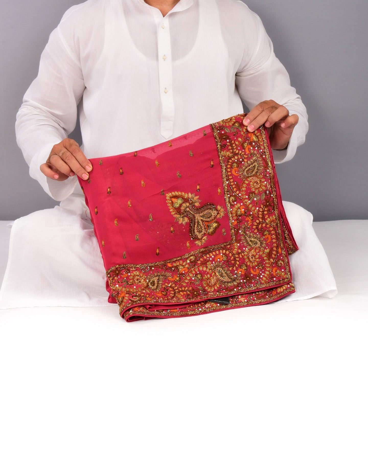 Garnet Hand-embroidered Georgette Saree - By HolyWeaves, Benares