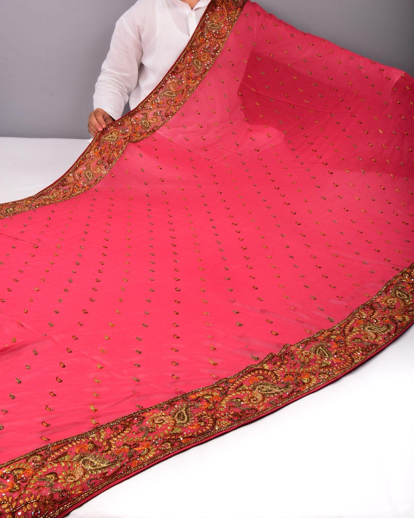 Garnet Hand-embroidered Georgette Saree - By HolyWeaves, Benares