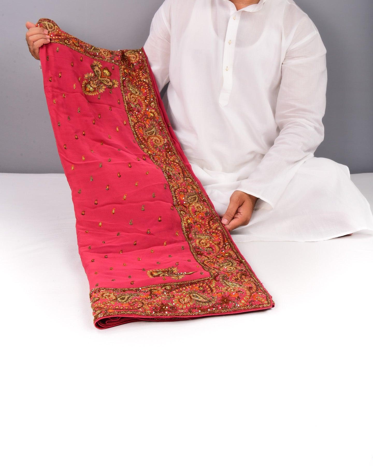 Garnet Hand-embroidered Georgette Saree - By HolyWeaves, Benares