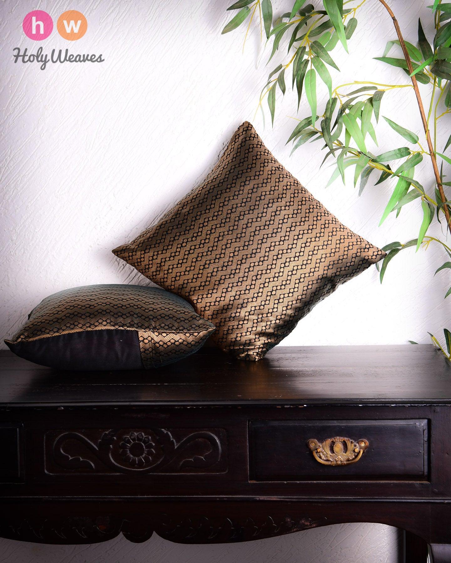 Gold Banarasi Zari Brocade Poly Silk Cushion Cover 16" - By HolyWeaves, Benares