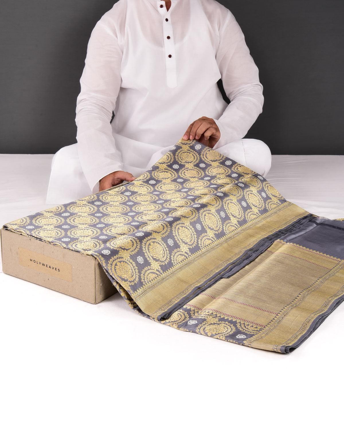 Gray Banarasi Floral Buta Jaal Sona Rupa Zari Kadhuan Brocade Handwoven Katan Silk Saree - By HolyWeaves, Benares