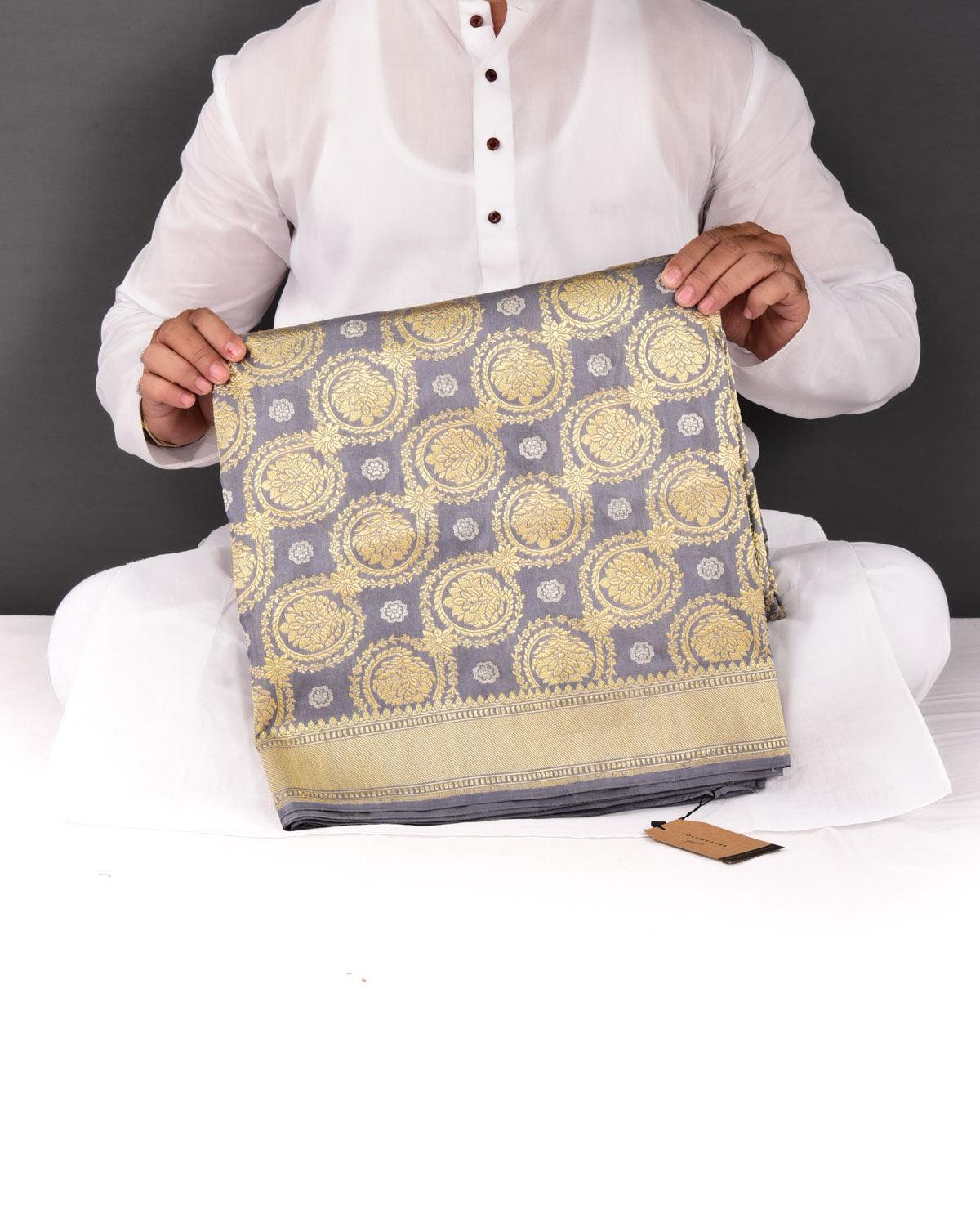 Gray Banarasi Floral Buta Jaal Sona Rupa Zari Kadhuan Brocade Handwoven Katan Silk Saree - By HolyWeaves, Benares