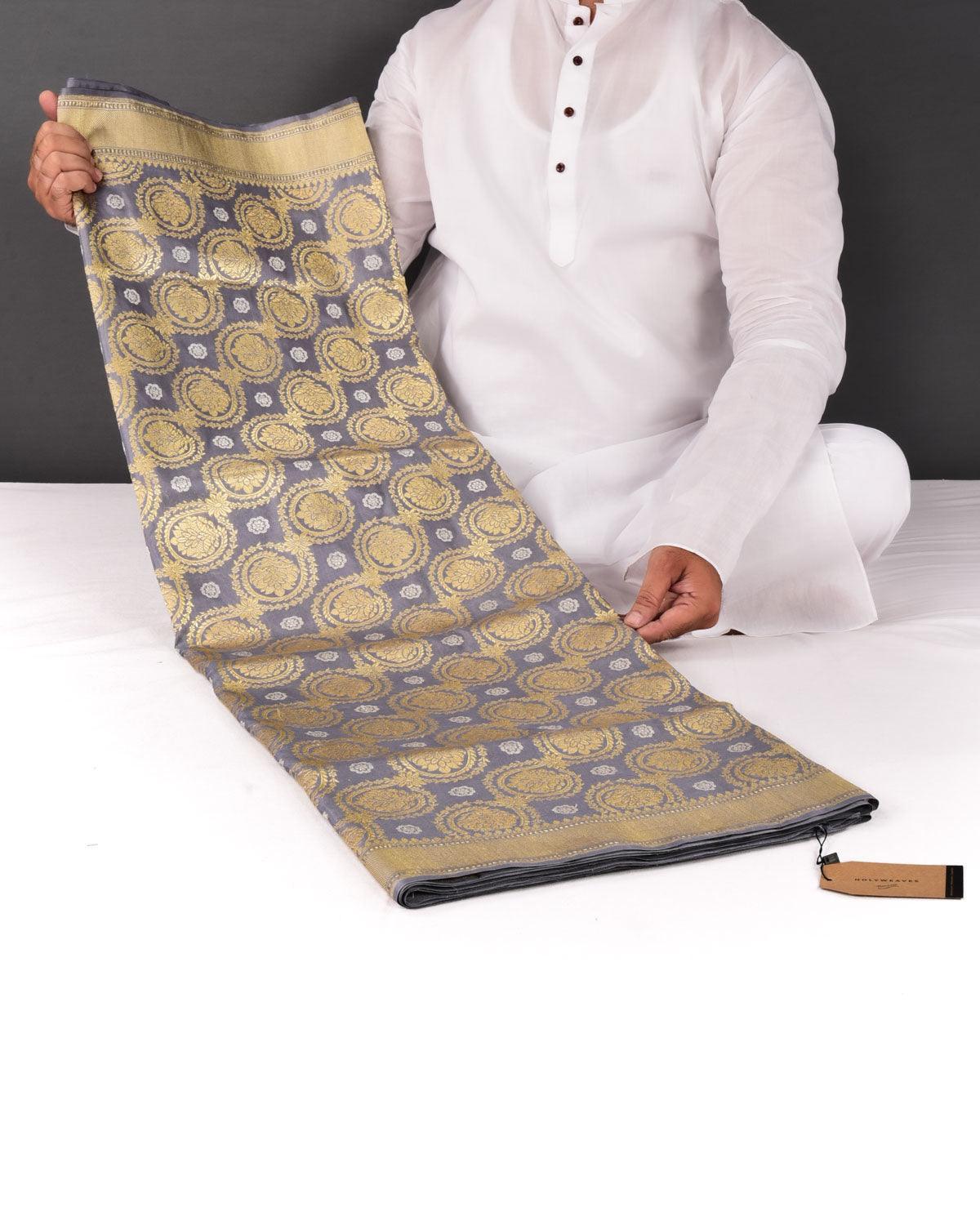 Gray Banarasi Floral Buta Jaal Sona Rupa Zari Kadhuan Brocade Handwoven Katan Silk Saree - By HolyWeaves, Benares