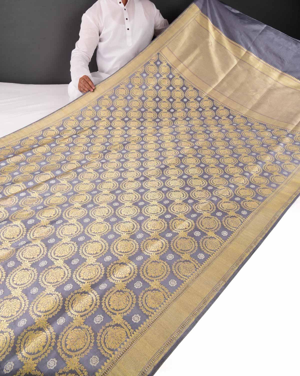 Gray Banarasi Floral Buta Jaal Sona Rupa Zari Kadhuan Brocade Handwoven Katan Silk Saree - By HolyWeaves, Benares