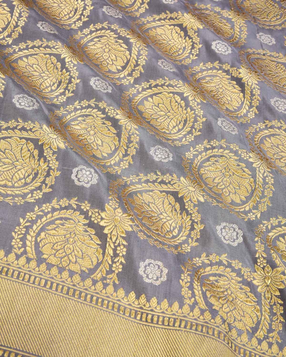 Gray Banarasi Floral Buta Jaal Sona Rupa Zari Kadhuan Brocade Handwoven Katan Silk Saree - By HolyWeaves, Benares