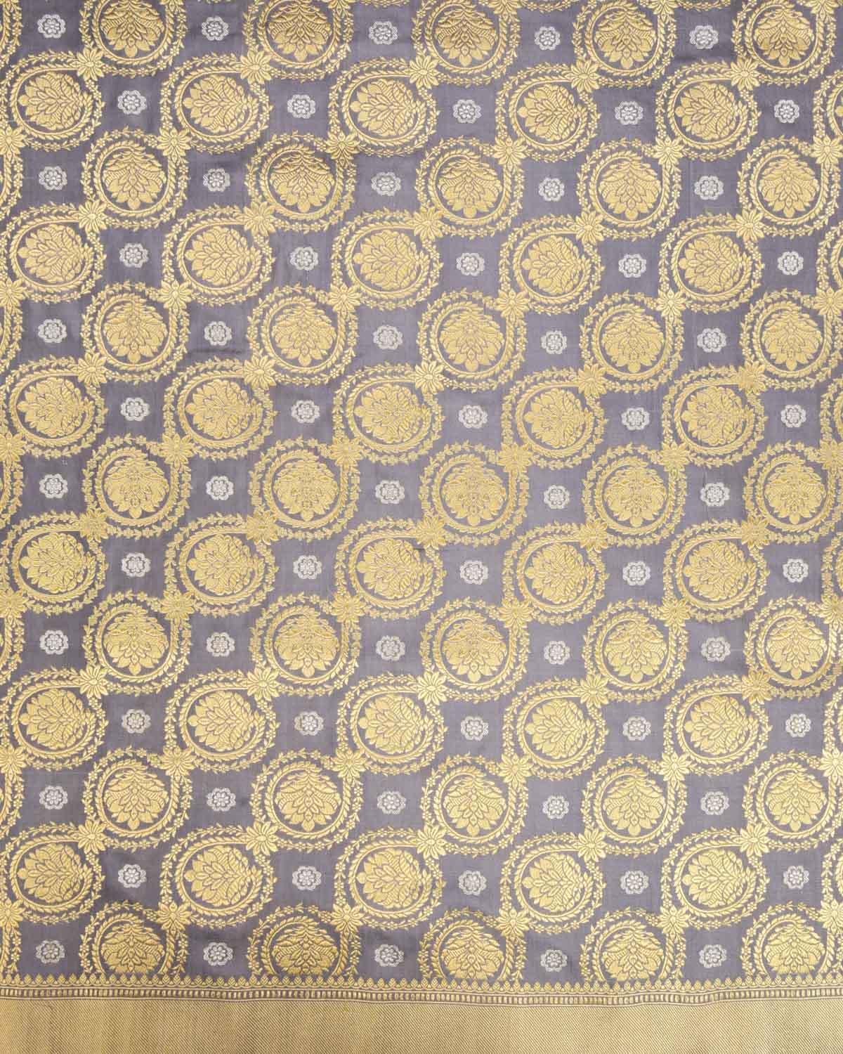 Gray Banarasi Floral Buta Jaal Sona Rupa Zari Kadhuan Brocade Handwoven Katan Silk Saree - By HolyWeaves, Benares