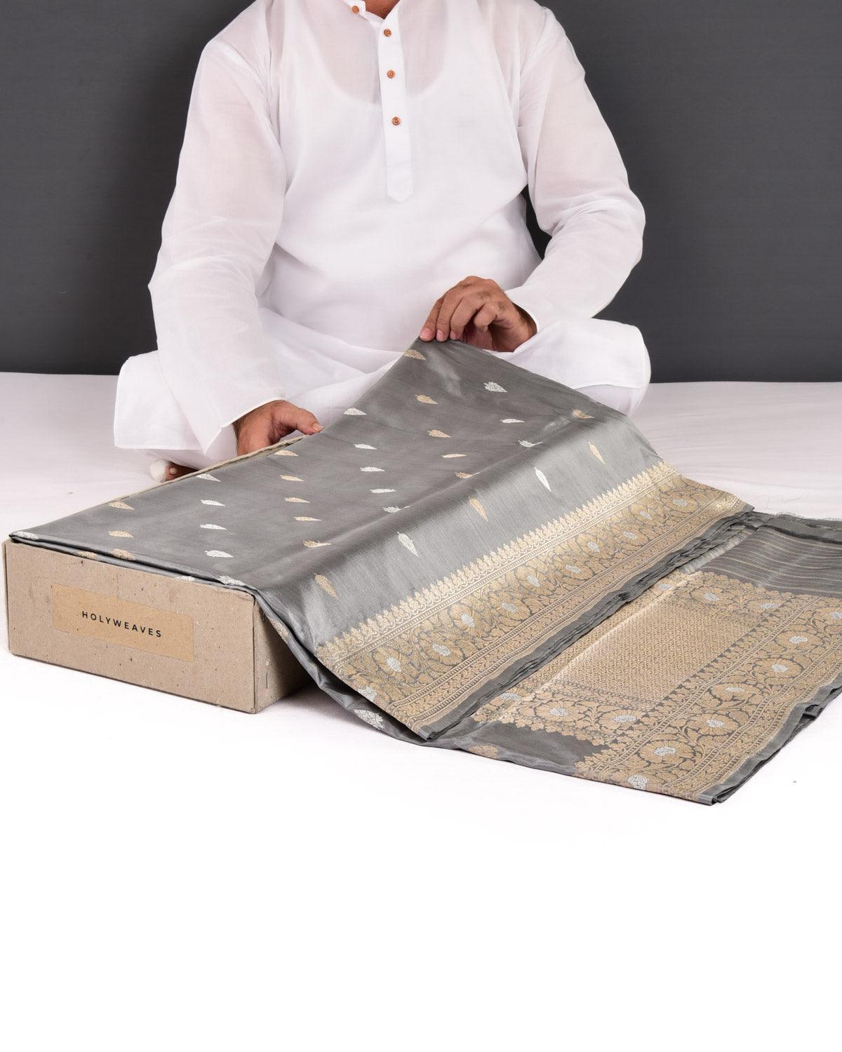 Gray Banarasi Gold & Silver Zari Buti Kadhuan Brocade Handwoven Katan Silk Saree - By HolyWeaves, Benares