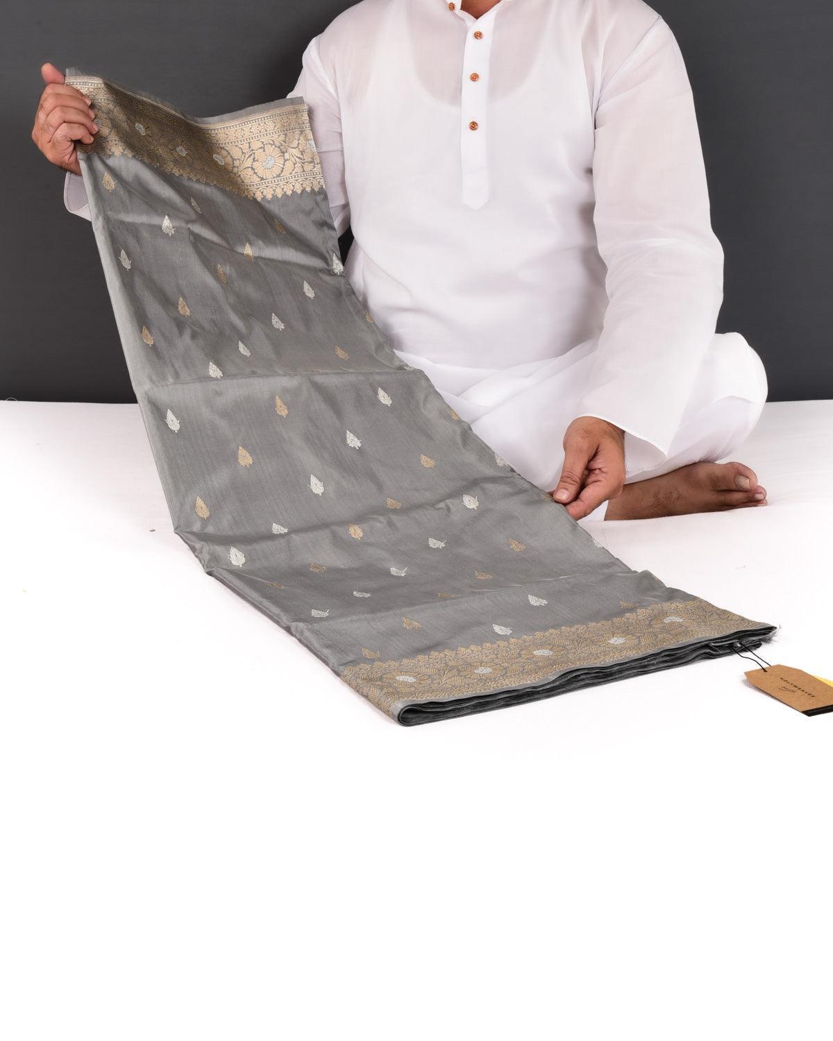 Gray Banarasi Gold & Silver Zari Buti Kadhuan Brocade Handwoven Katan Silk Saree - By HolyWeaves, Benares