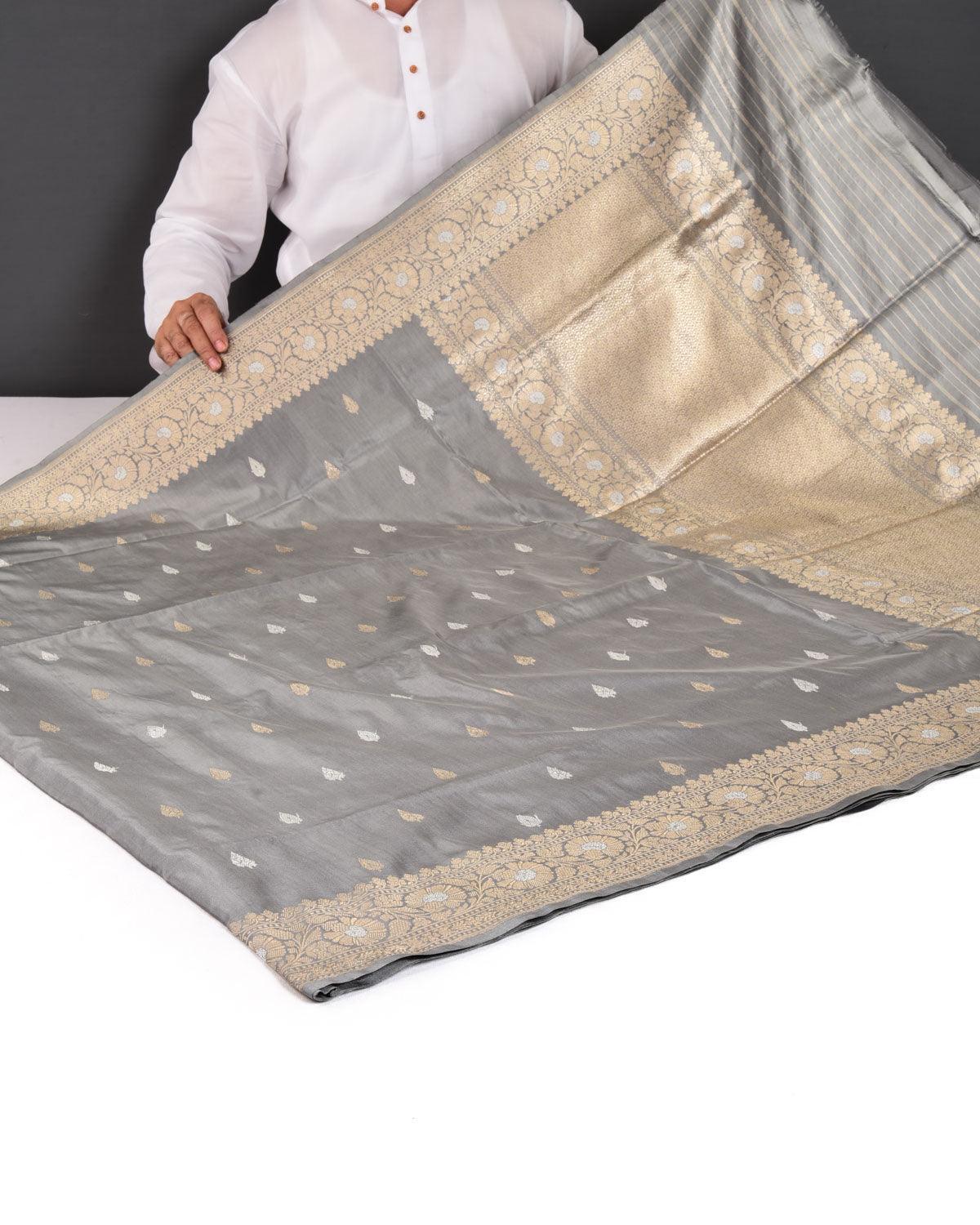 Gray Banarasi Gold & Silver Zari Buti Kadhuan Brocade Handwoven Katan Silk Saree - By HolyWeaves, Benares