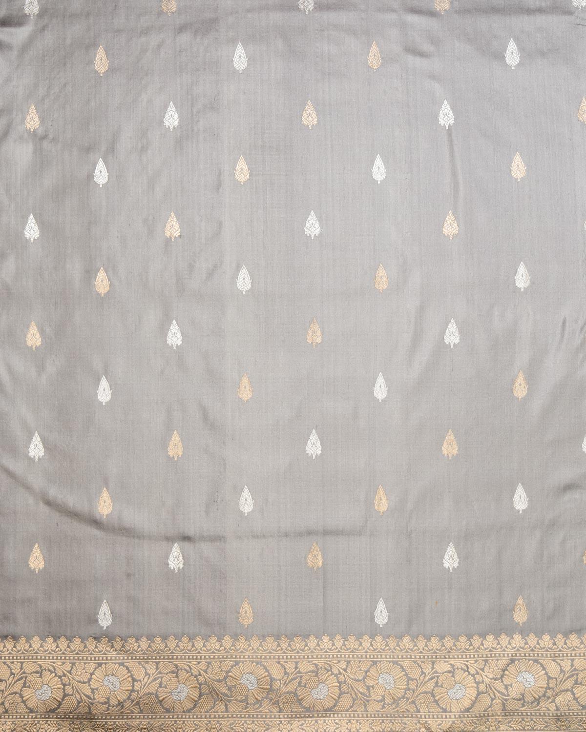 Gray Banarasi Gold & Silver Zari Buti Kadhuan Brocade Handwoven Katan Silk Saree - By HolyWeaves, Benares