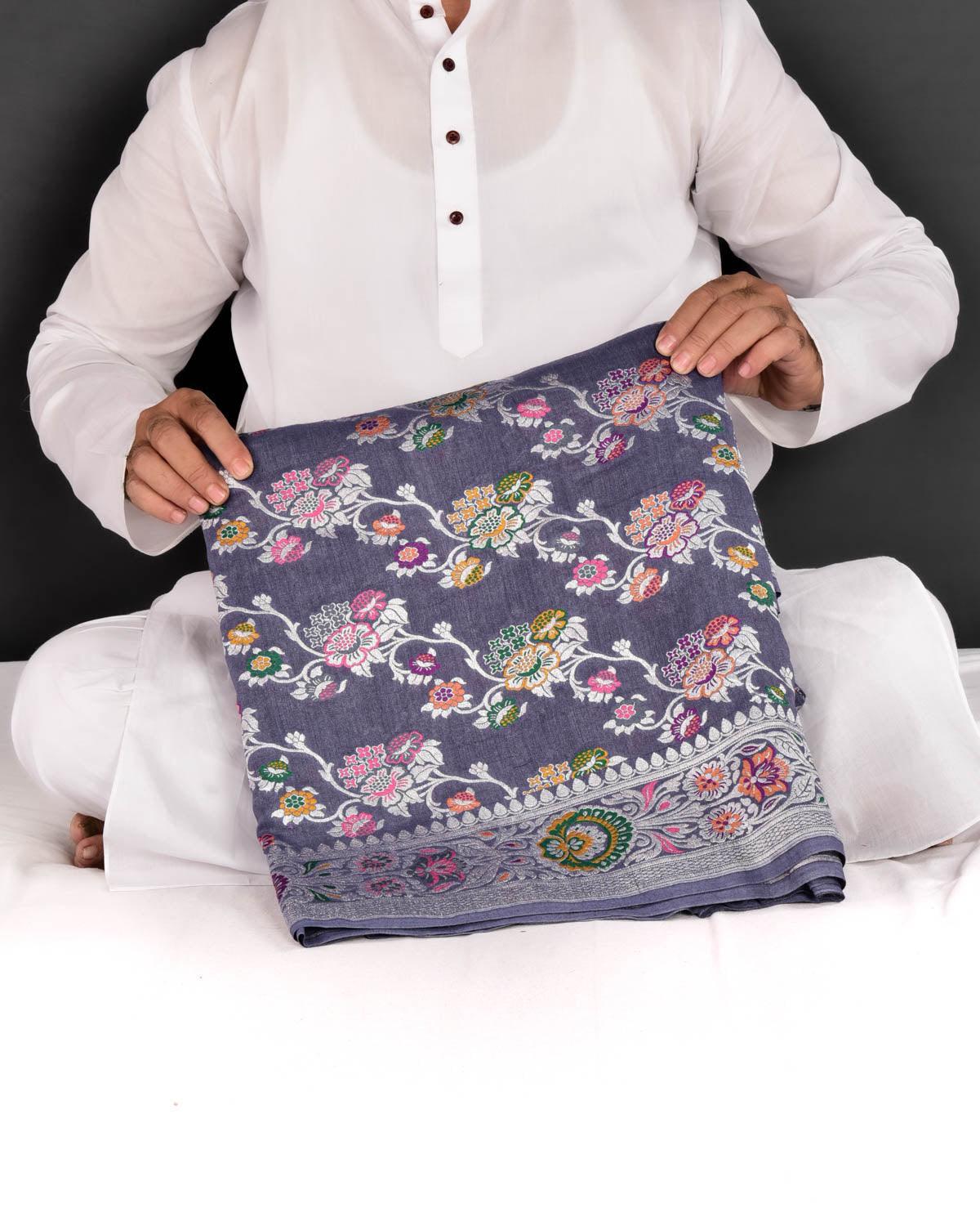 Gray Banarasi Silver Zari and Multi Resham Jaal Cutwork Brocade Handwoven Muga Georgette Saree - By HolyWeaves, Benares