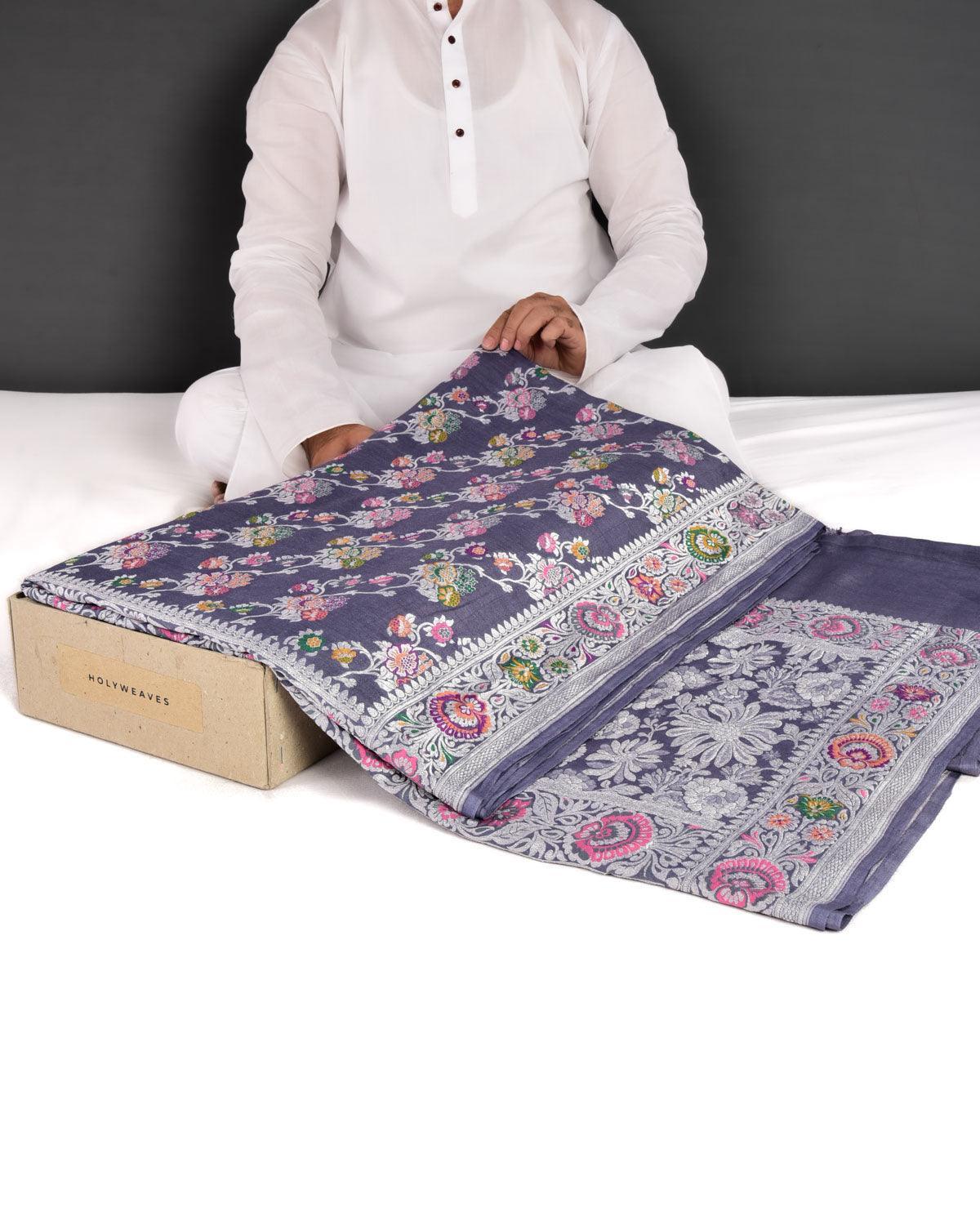 Gray Banarasi Silver Zari and Multi Resham Jaal Cutwork Brocade Handwoven Muga Georgette Saree - By HolyWeaves, Benares