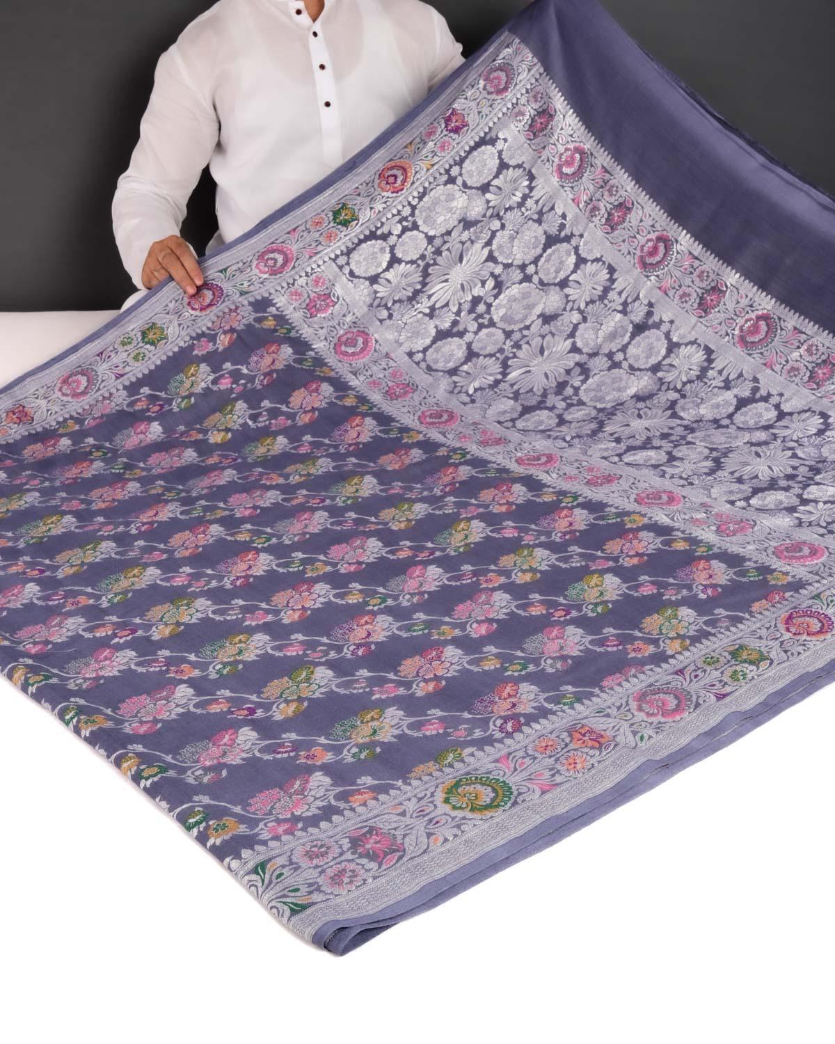 Gray Banarasi Silver Zari and Multi Resham Jaal Cutwork Brocade Handwoven Muga Georgette Saree - By HolyWeaves, Benares