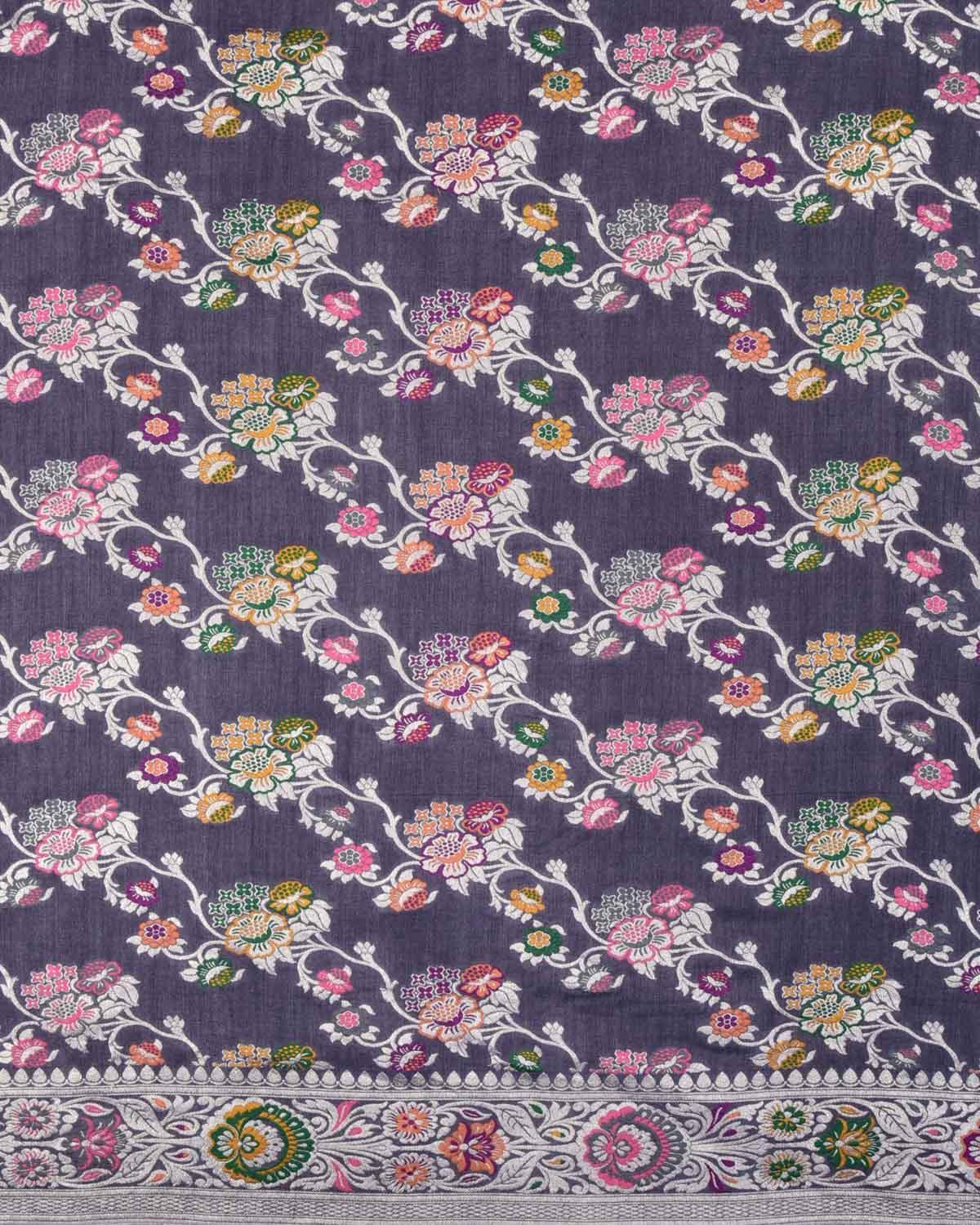 Gray Banarasi Silver Zari and Multi Resham Jaal Cutwork Brocade Handwoven Muga Georgette Saree - By HolyWeaves, Benares