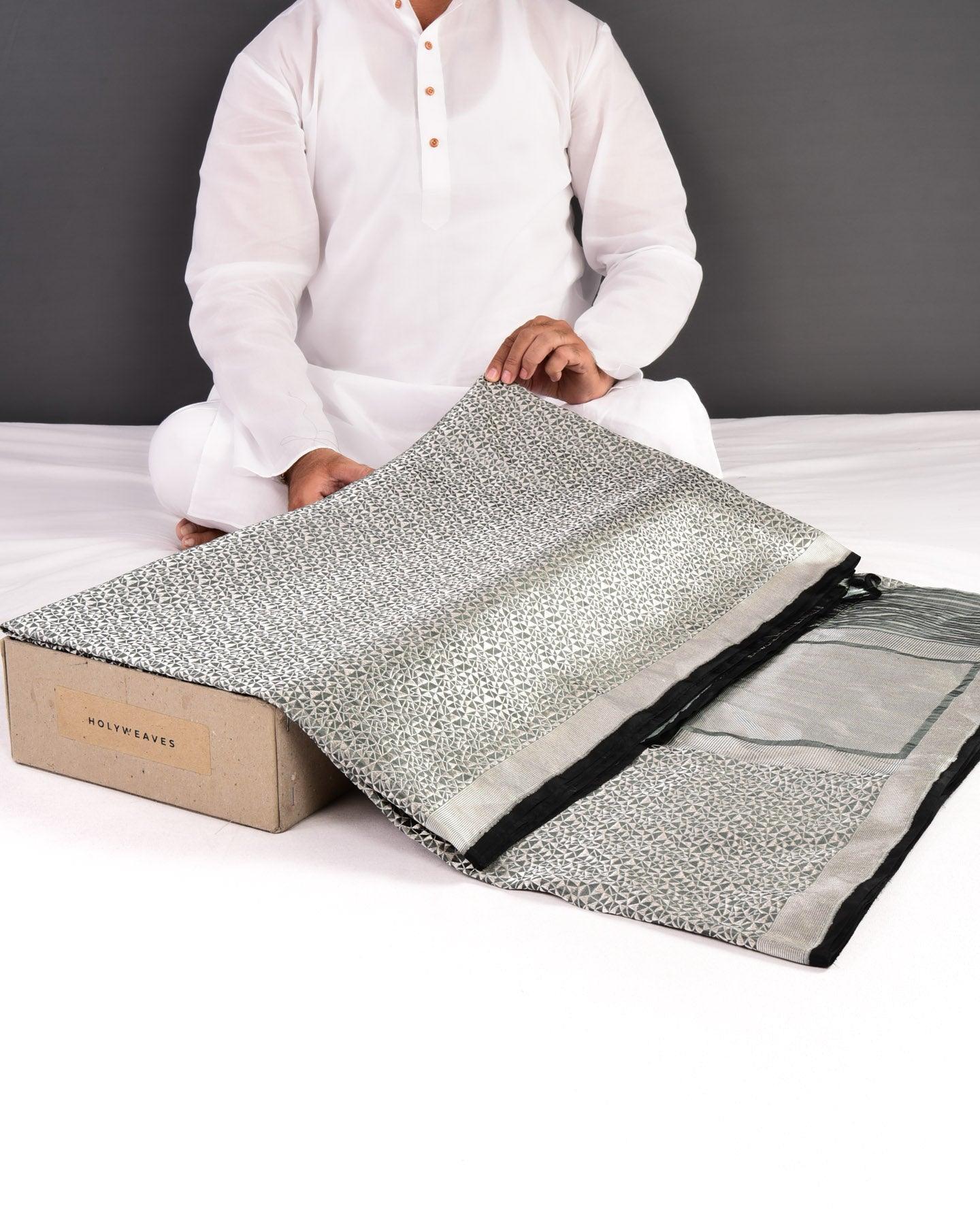 Gray Banarasi Silver Zari Geometrical Brocade Handwoven Katan Silk Saree - By HolyWeaves, Benares
