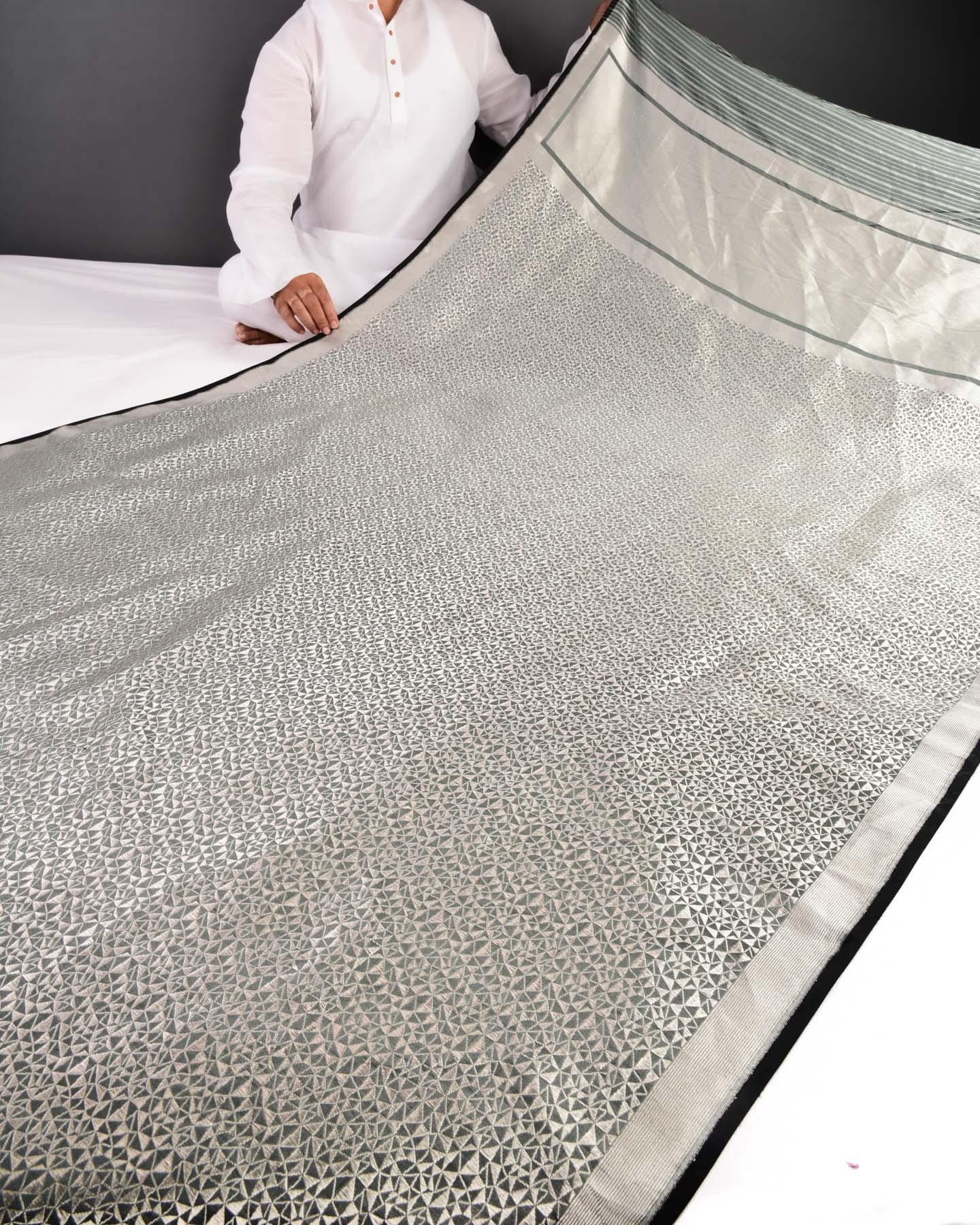 Gray Banarasi Silver Zari Geometrical Brocade Handwoven Katan Silk Saree - By HolyWeaves, Benares