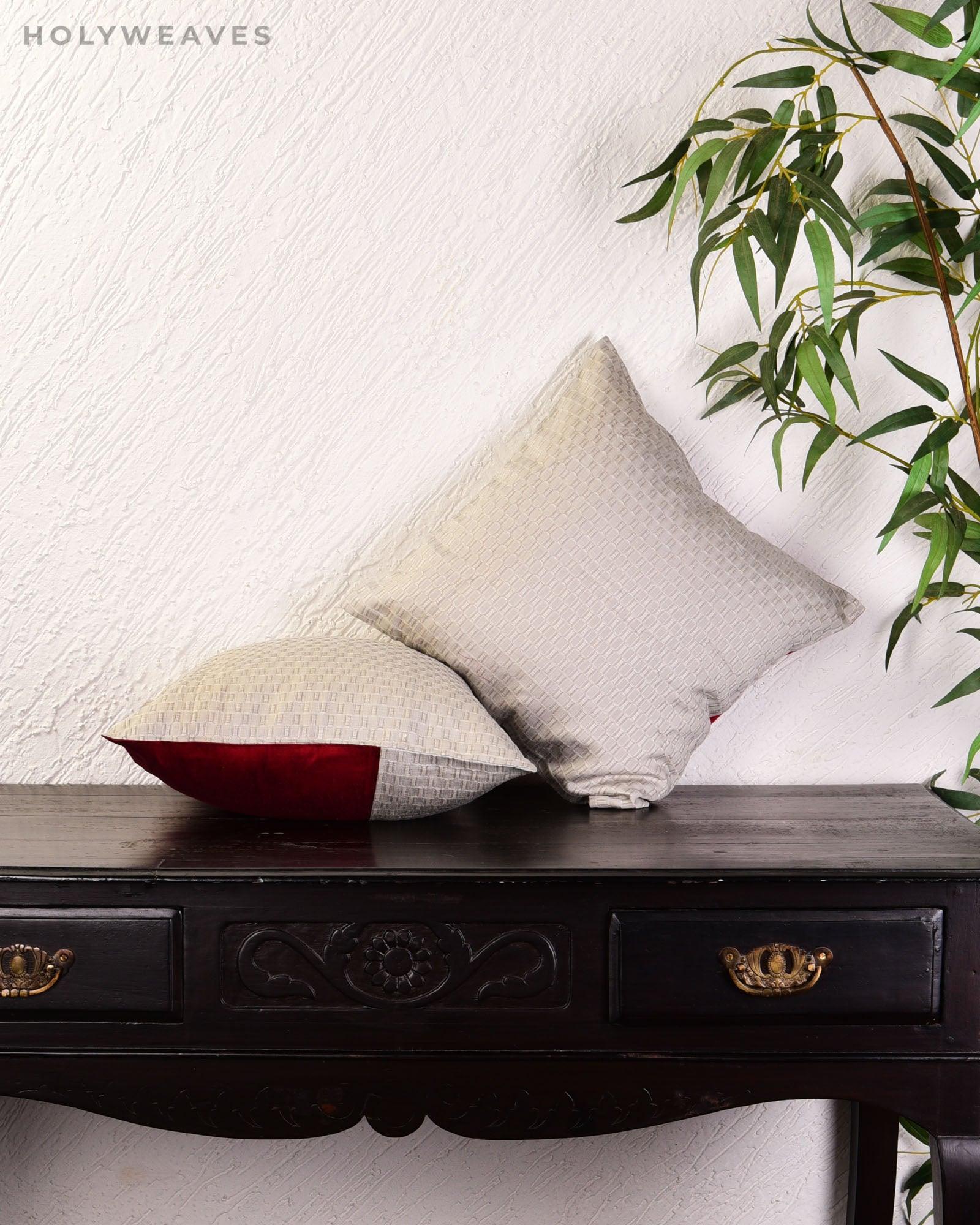 Gray Banarasi Tanchoi Poly Cotton Cushion Cover 16" - By HolyWeaves, Benares