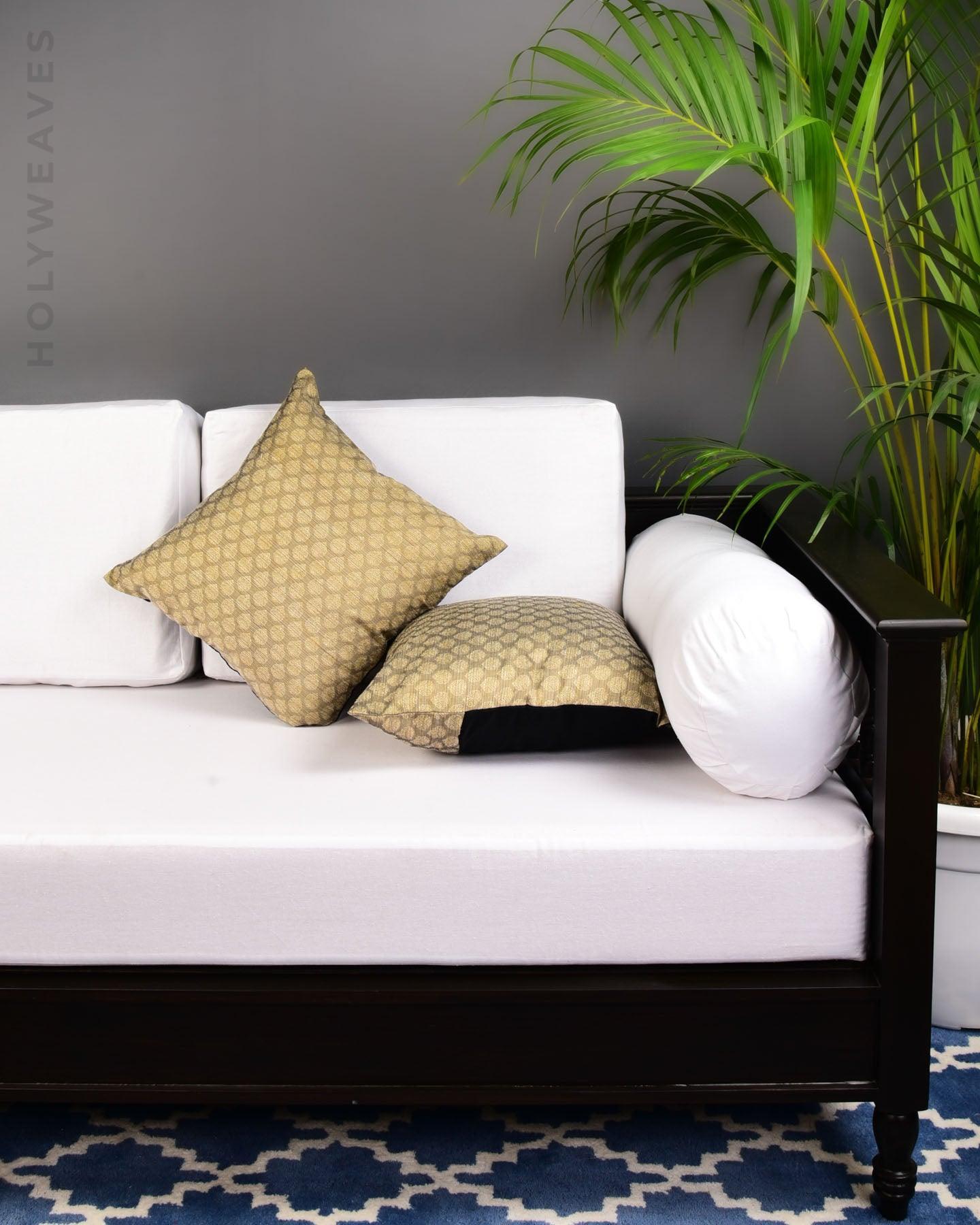 Gray Banarasi Tanchoi Poly Cotton Cushion Cover 16" - By HolyWeaves, Benares