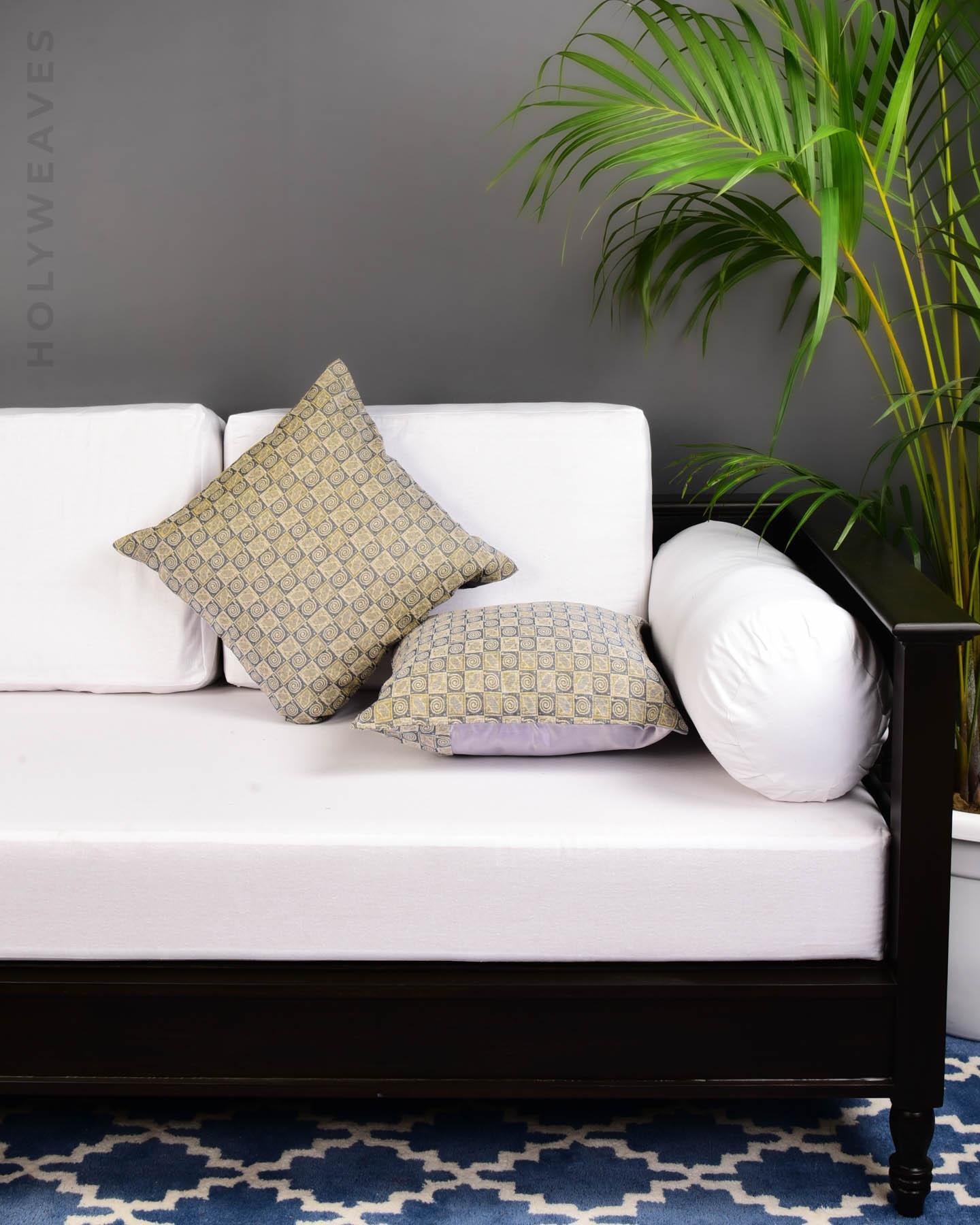 Gray Brocade Handwoven Noile Silk Cushion Cover with Satin Back 16" - By HolyWeaves, Benares