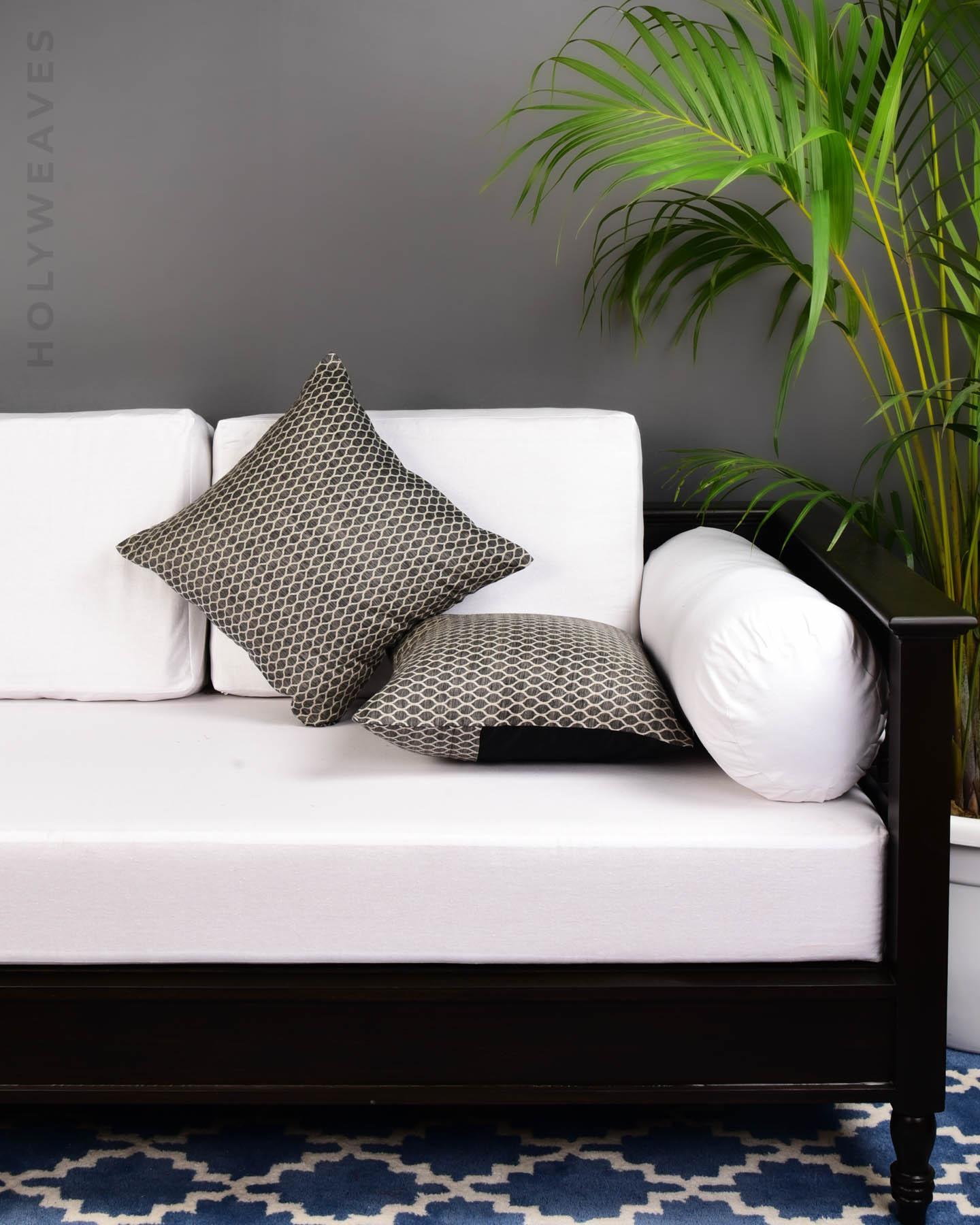 Gray Jacquard Handwoven Linen Silk Cushion Cover with Satin Back 16" - By HolyWeaves, Benares