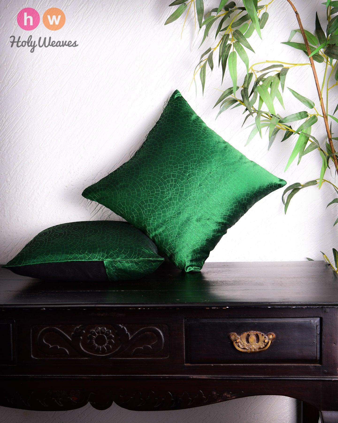 Green Banarasi Cobble Tanchoi Poly Dupion Cushion Cover 16" - By HolyWeaves, Benares