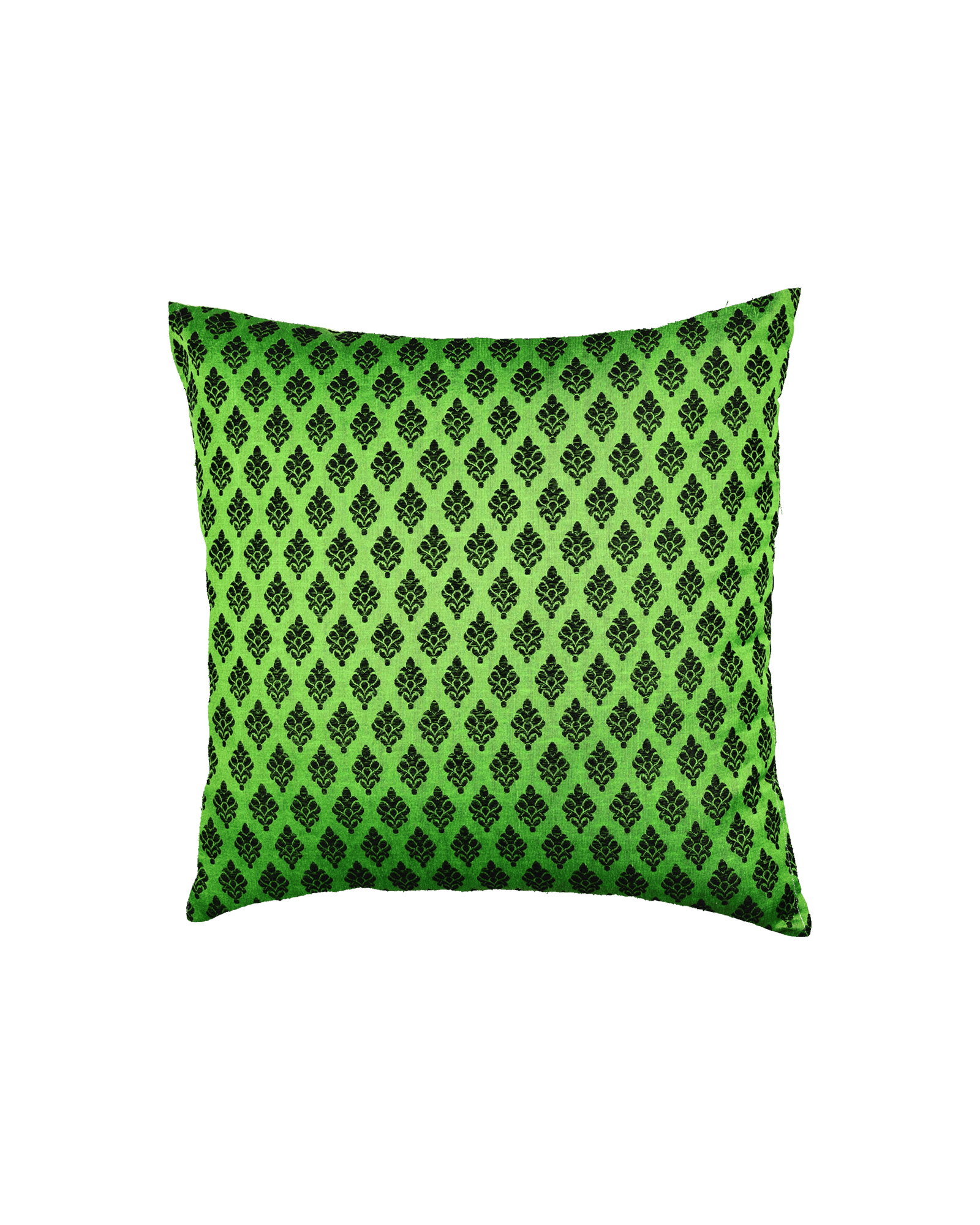 Green Banarasi Damask Buti Poly Silk Cushion Cover 16" - By HolyWeaves, Benares