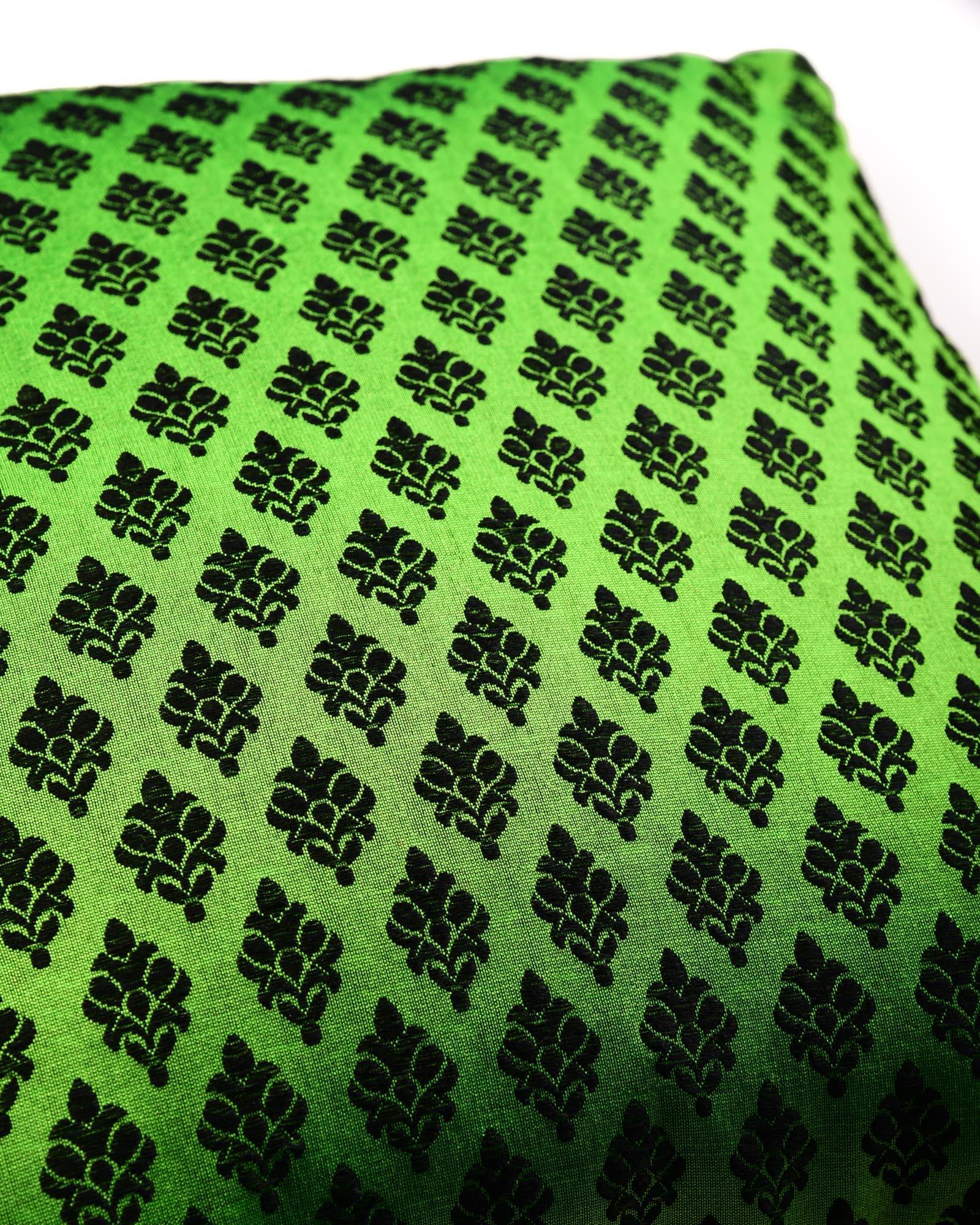 Green Banarasi Damask Buti Poly Silk Cushion Cover 16" - By HolyWeaves, Benares