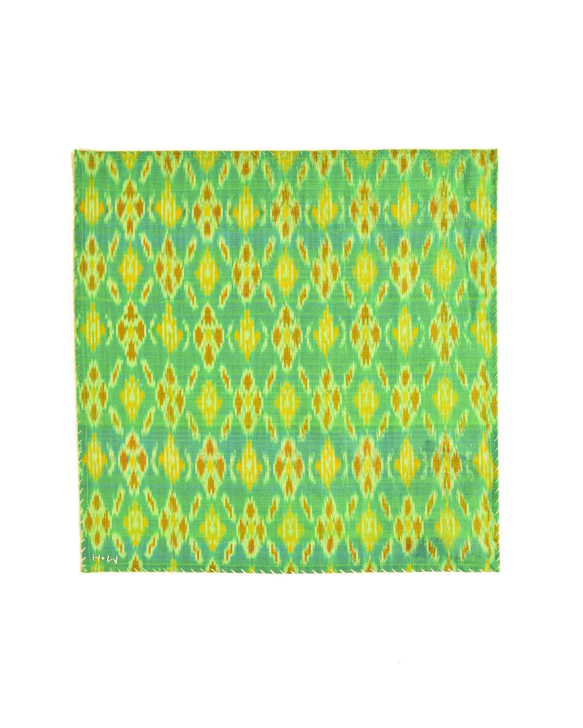 Green Banarasi Ikat Handwoven Cotton Pocket Square - By HolyWeaves, Benares