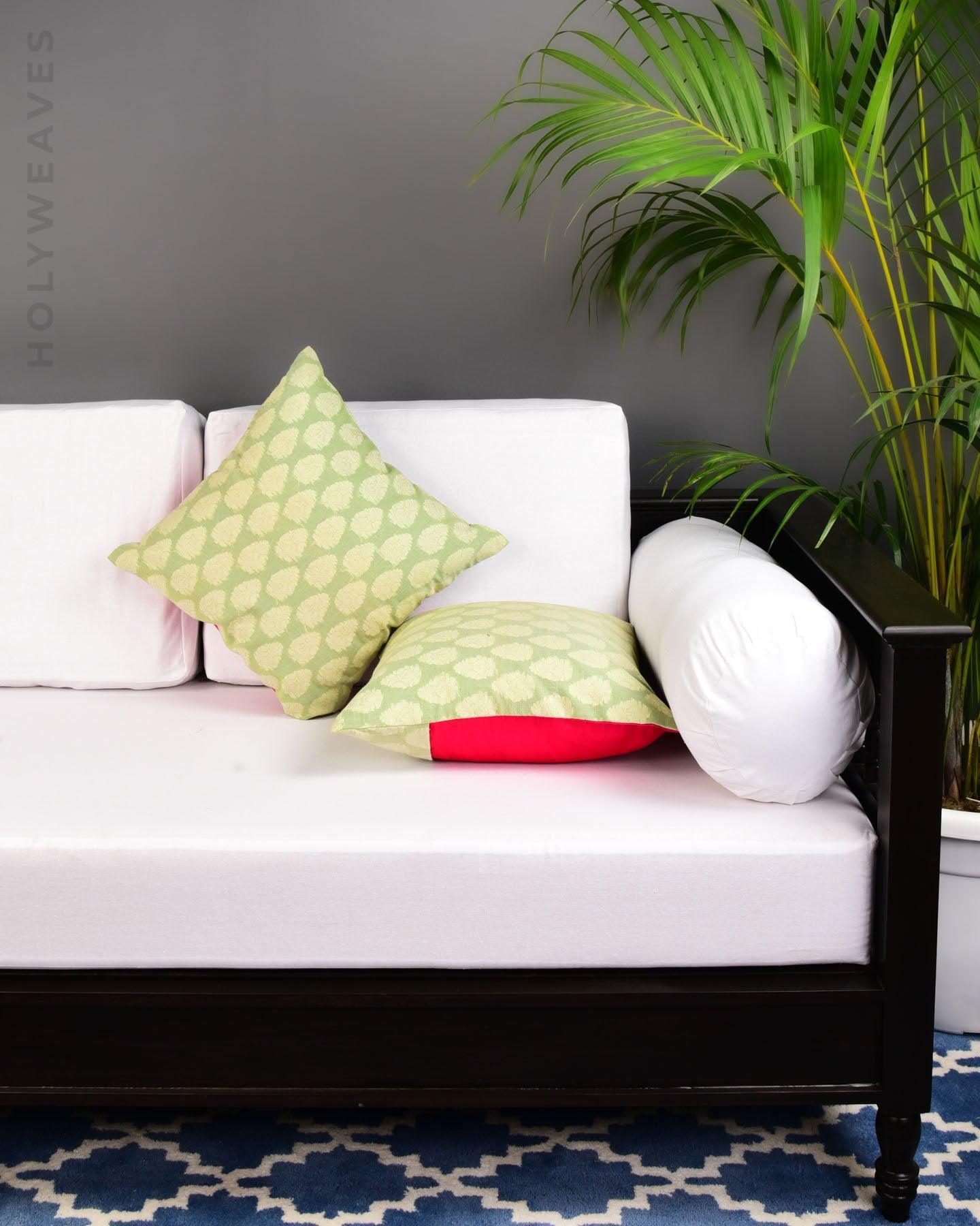 Green Cutwork Woven Cotton Silk Cushion Cover 16" - By HolyWeaves, Benares