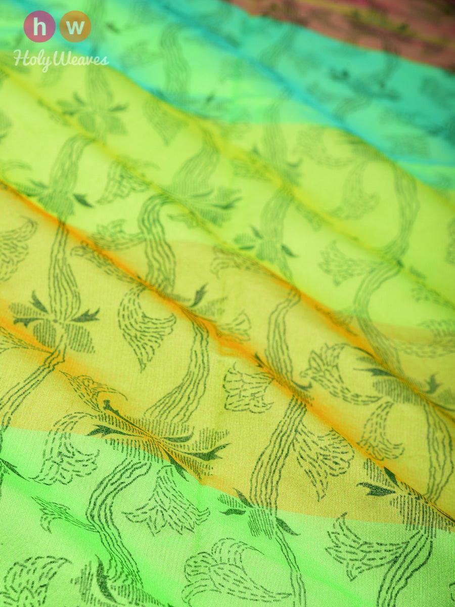 Green Floral Printed Cotton Silk Dupatta - By HolyWeaves, Benares