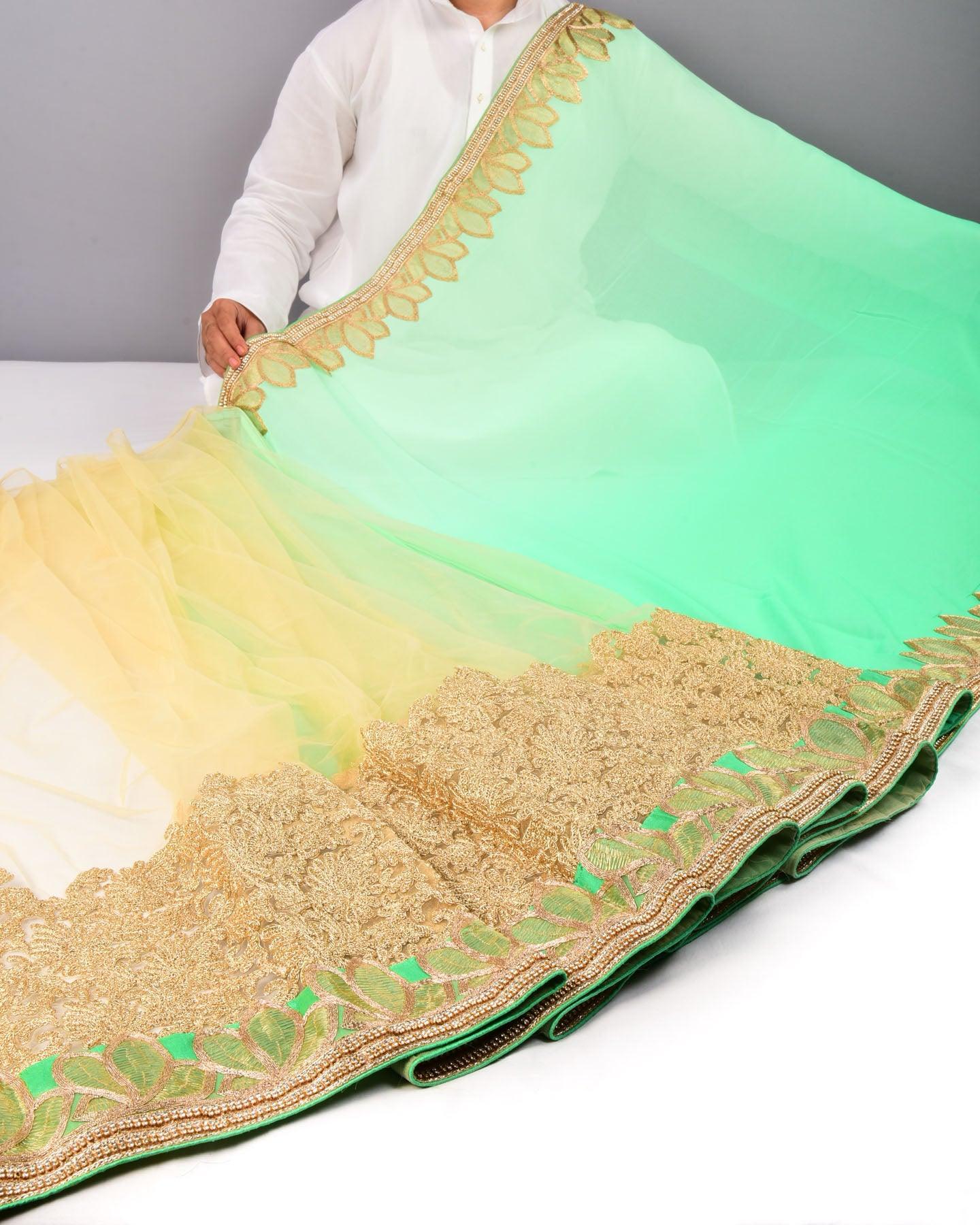 Green Georgette Embroidered Saree - By HolyWeaves, Benares