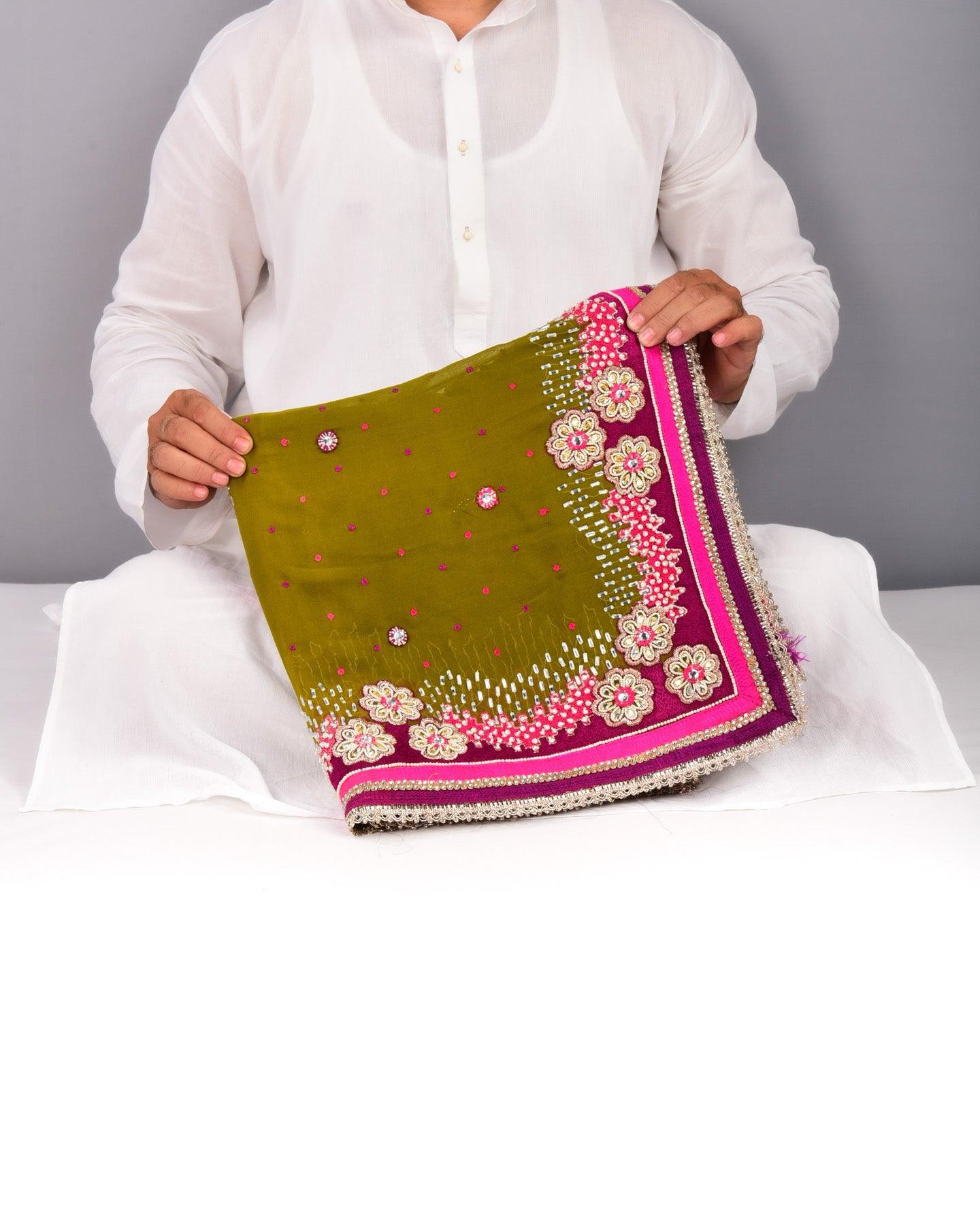 Green Hand-embroidered Georgette Saree - By HolyWeaves, Benares