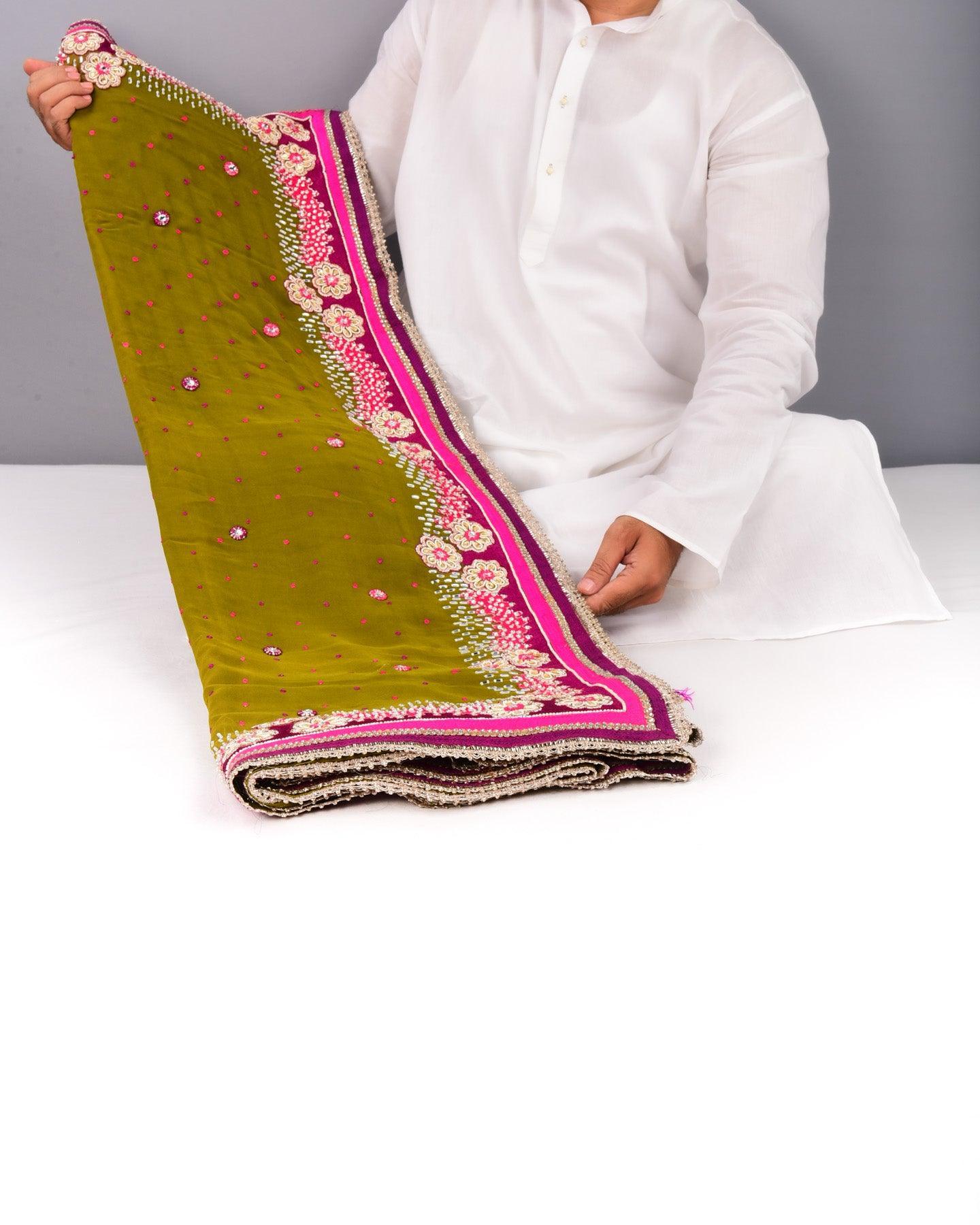 Green Hand-embroidered Georgette Saree - By HolyWeaves, Benares