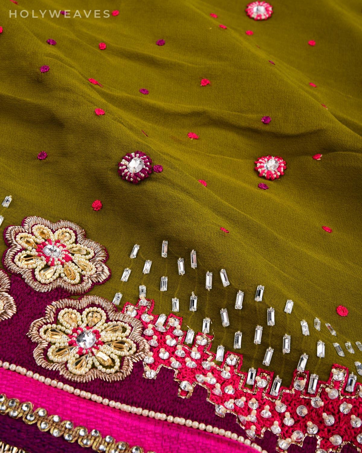 Green Hand-embroidered Georgette Saree - By HolyWeaves, Benares