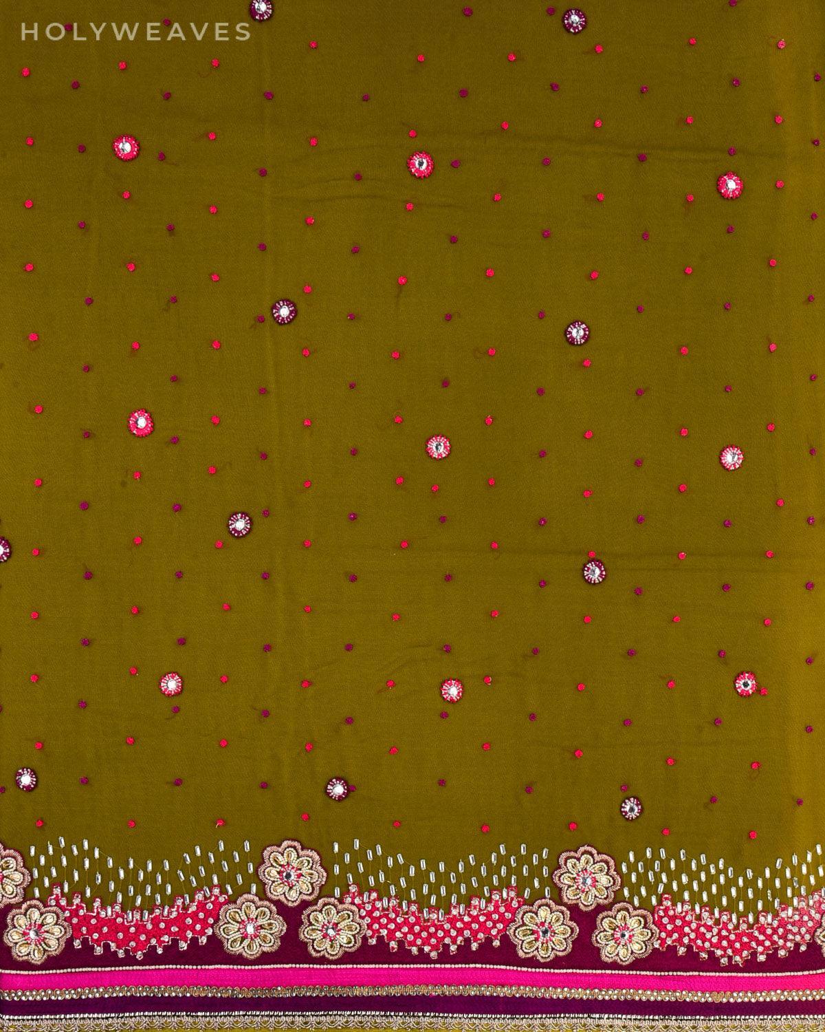 Green Hand-embroidered Georgette Saree - By HolyWeaves, Benares