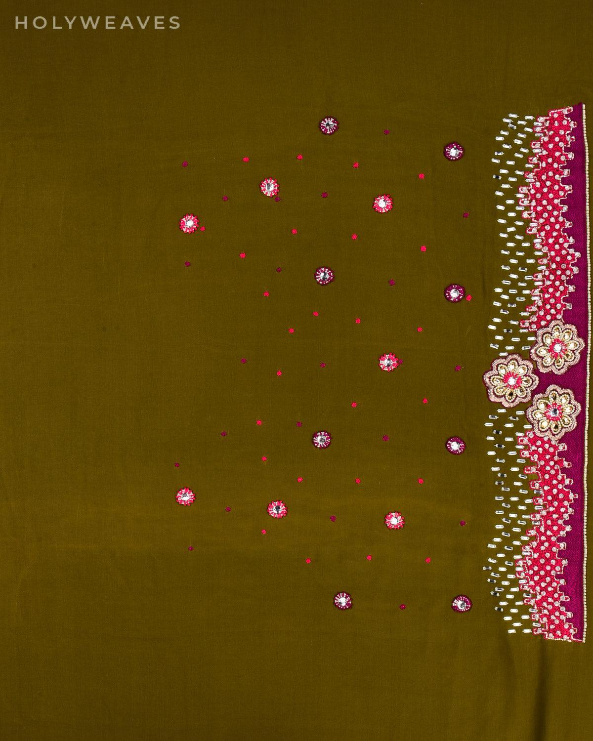 Green Hand-embroidered Georgette Saree - By HolyWeaves, Benares