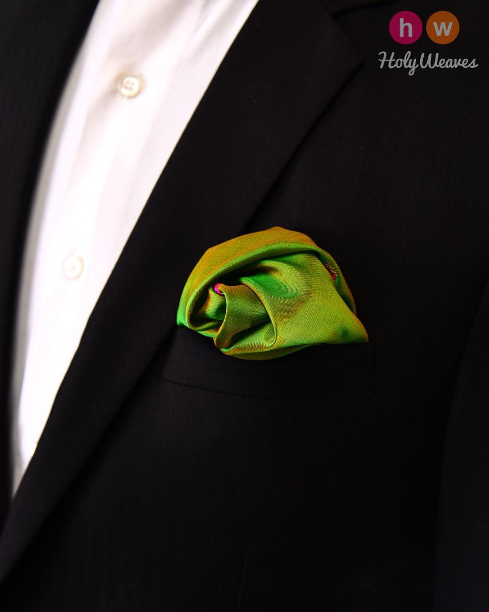 Green Kadhuan Brocade Handwoven Pure Silk Pocket Square For Men - By HolyWeaves, Benares